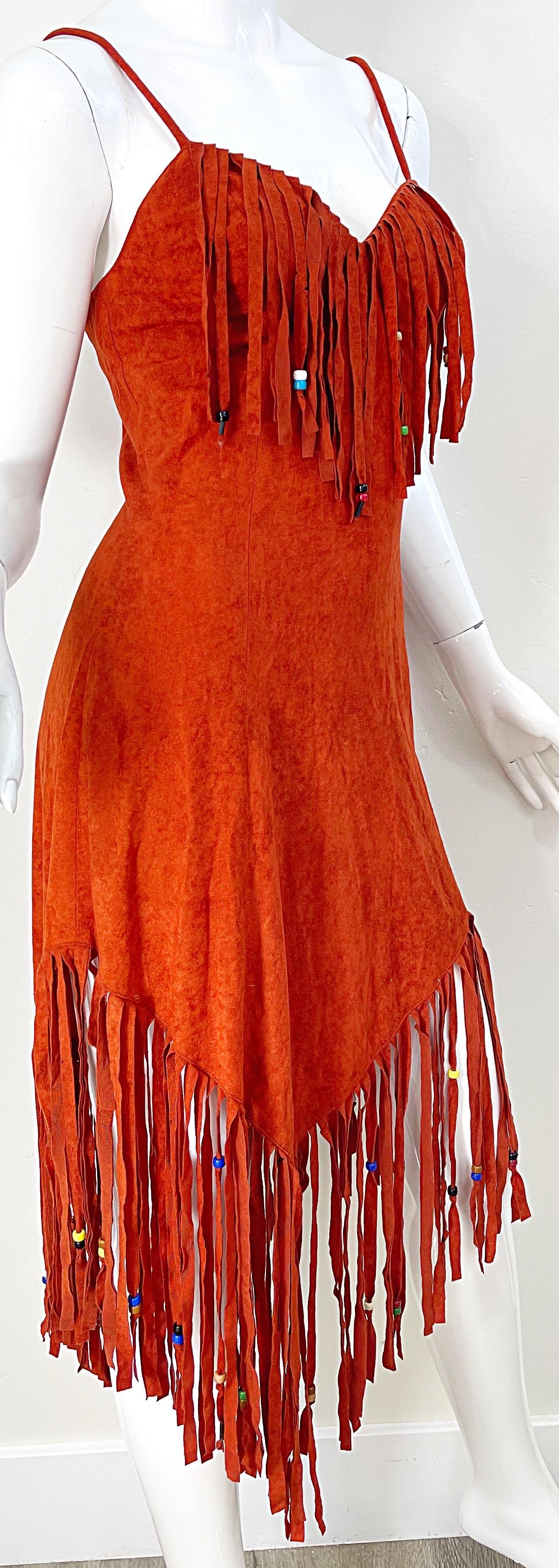 Red 1970s Samir Rust Brown Faux Suede Beaded Fringed Boho Vintage 70s Dress For Sale
