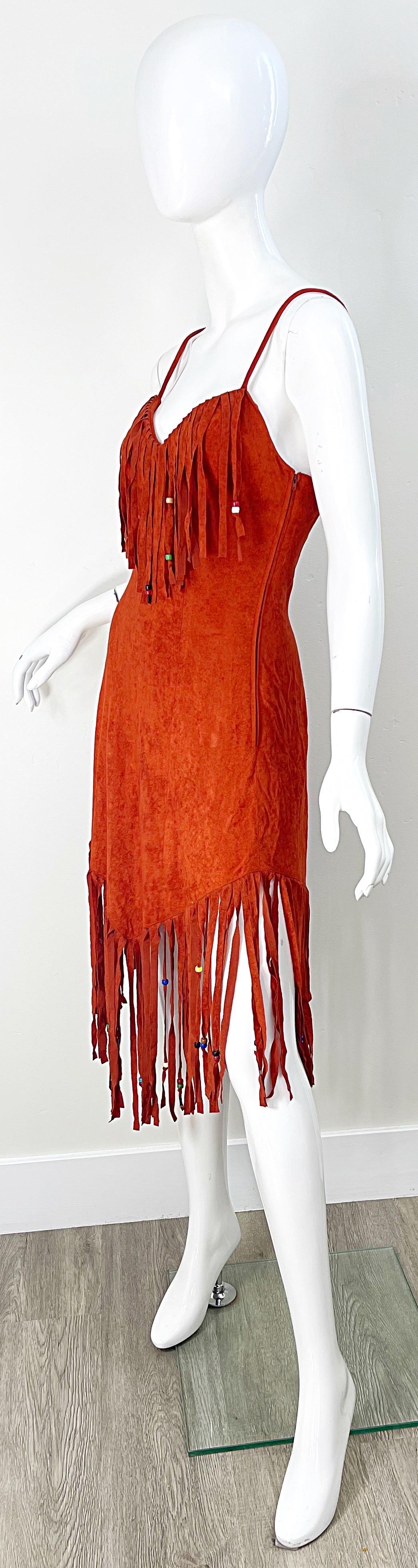 1970s Samir Rust Brown Faux Suede Beaded Fringed Boho Vintage 70s Dress In Excellent Condition For Sale In San Diego, CA