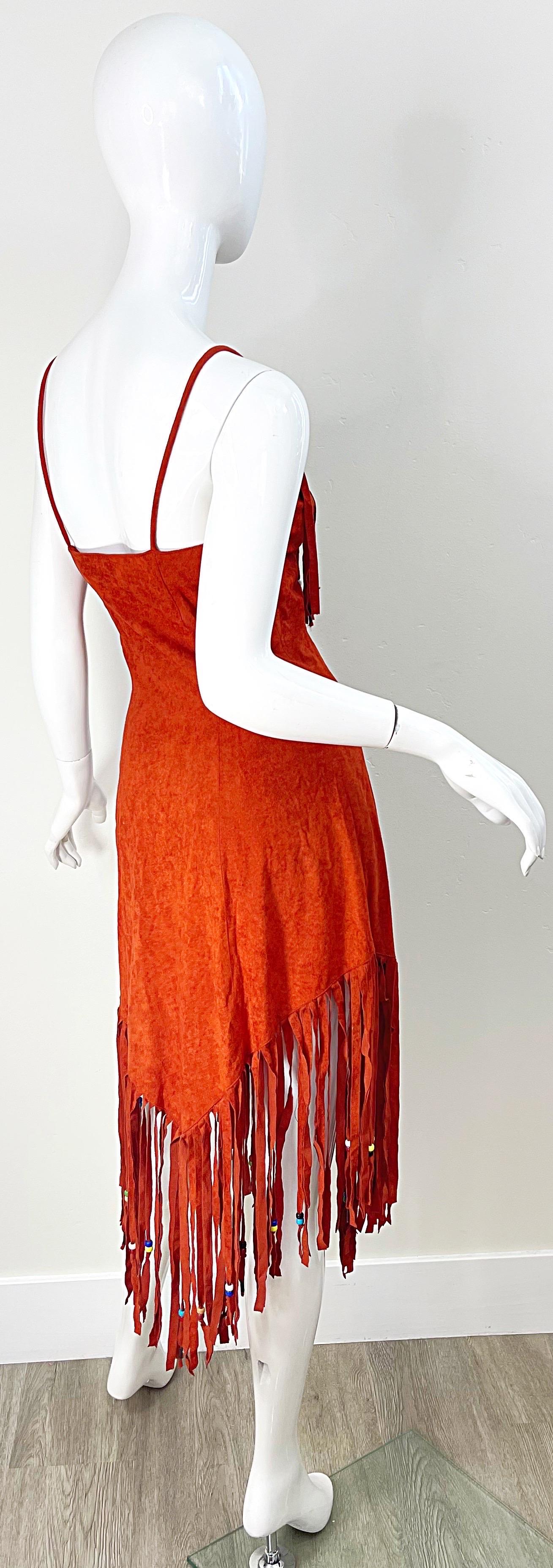 Women's 1970s Samir Rust Brown Faux Suede Beaded Fringed Boho Vintage 70s Dress For Sale