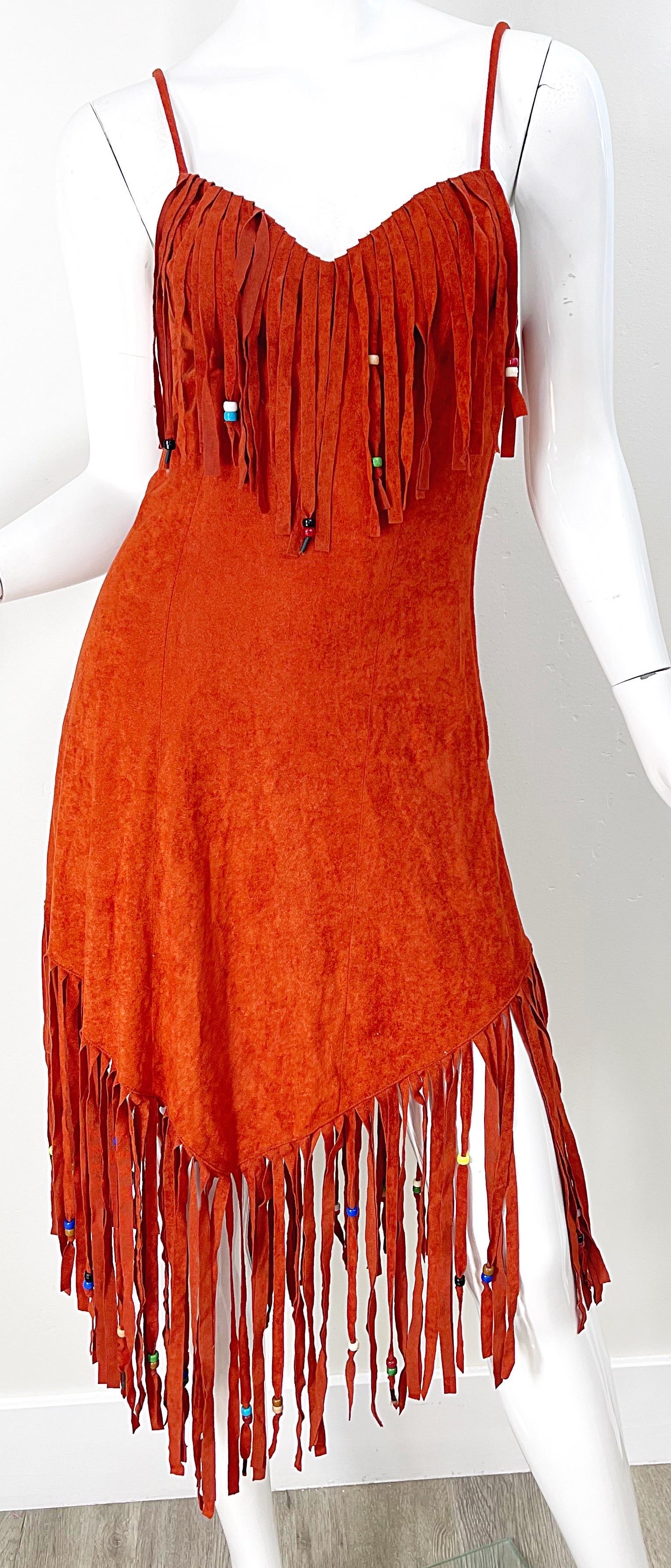 1970s Samir Rust Brown Faux Suede Beaded Fringed Boho Vintage 70s Dress For Sale 1