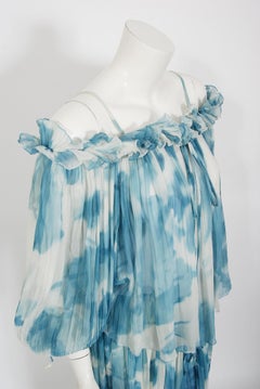 1970's Sant' Angelo Blue White Cloud Print Chiffon Off-Shoulder Maxi Dress