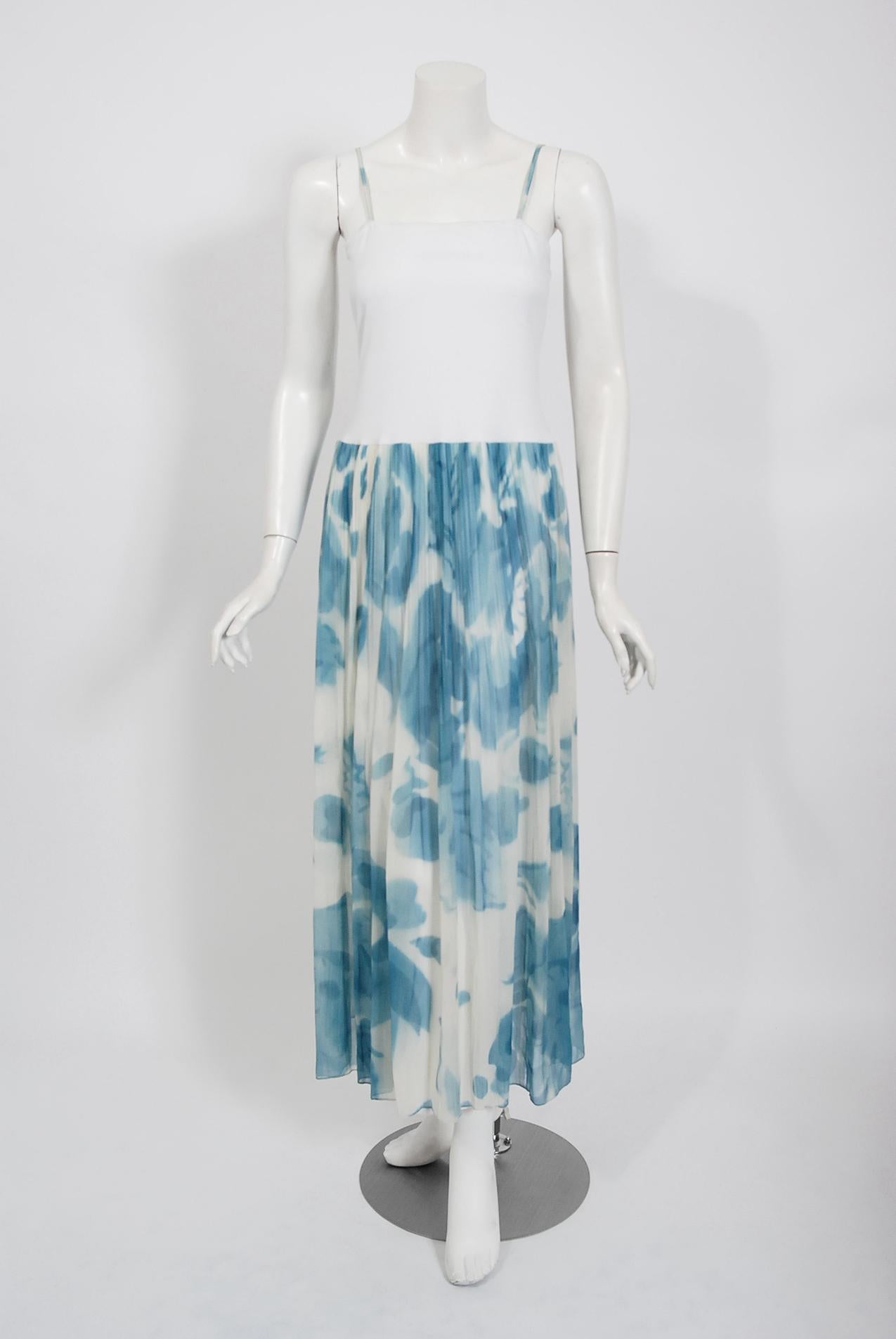 Vintage 1970's Sant' Angelo Blue Cloud Print Chiffon Off-Shoulder Maxi Dress For Sale 1