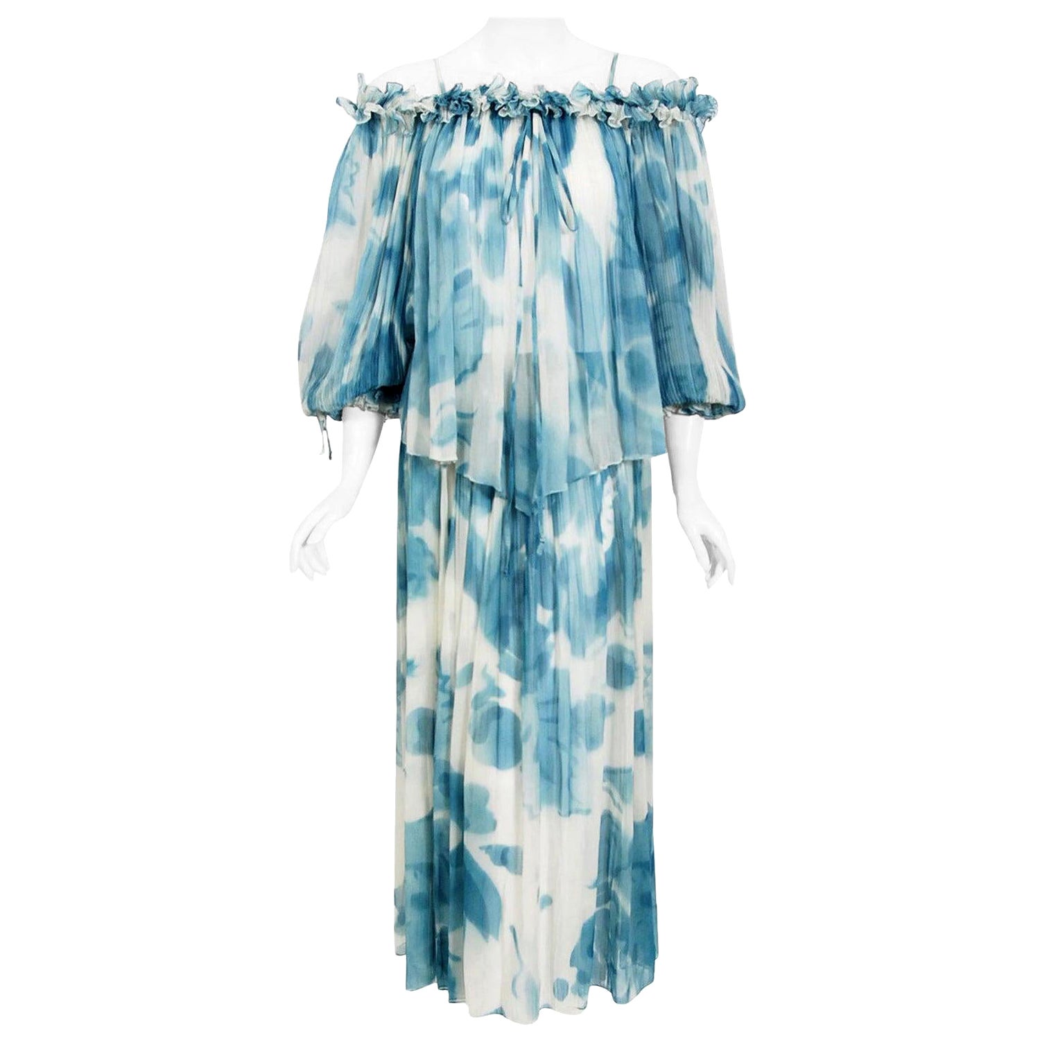 1970
s Sant
 Angelo Blue White Cloud Print Chiffon Off-Shoulder Maxi Dress For Sale