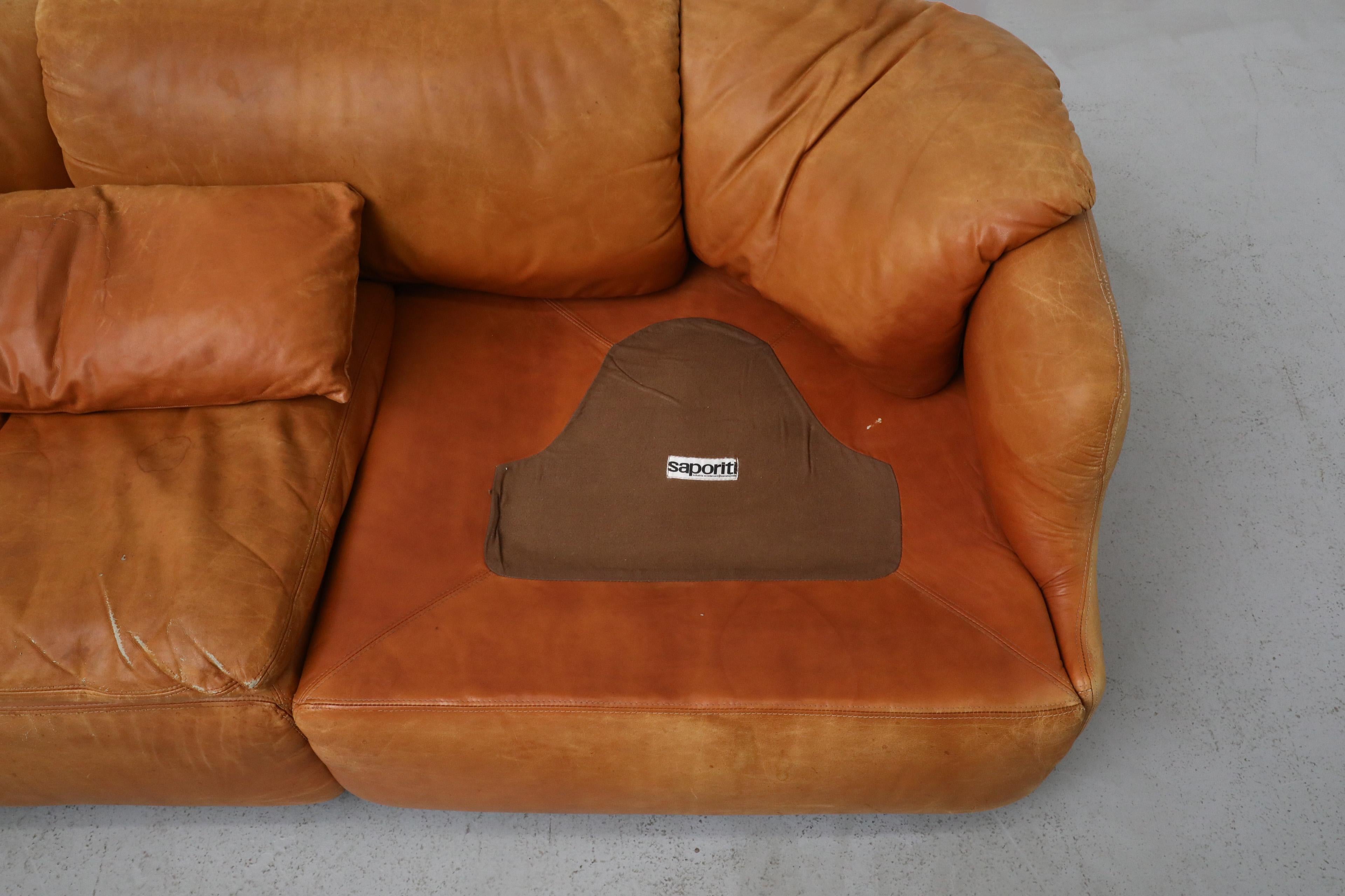 1970s Saporiti 'Confidential' Cognac Leather Loveseat by Alberto Rosselli For Sale 6