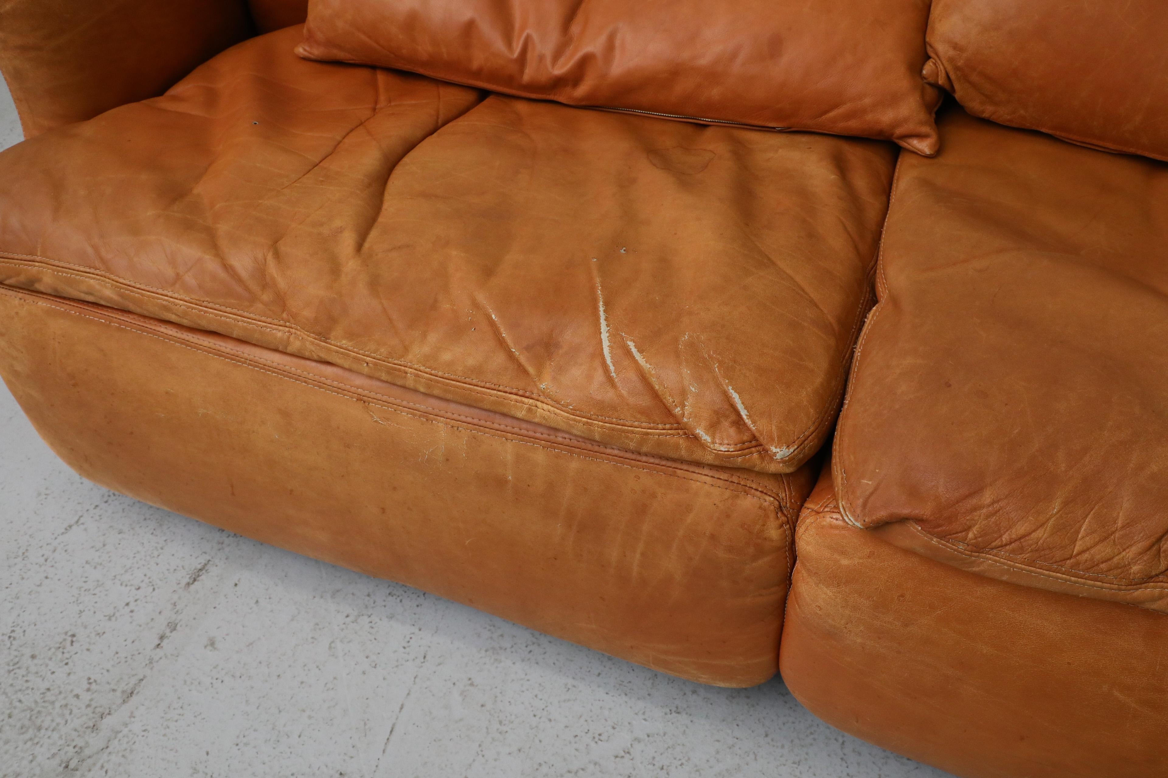 1970s Saporiti 'Confidential' Cognac Leather Loveseat by Alberto Rosselli For Sale 8