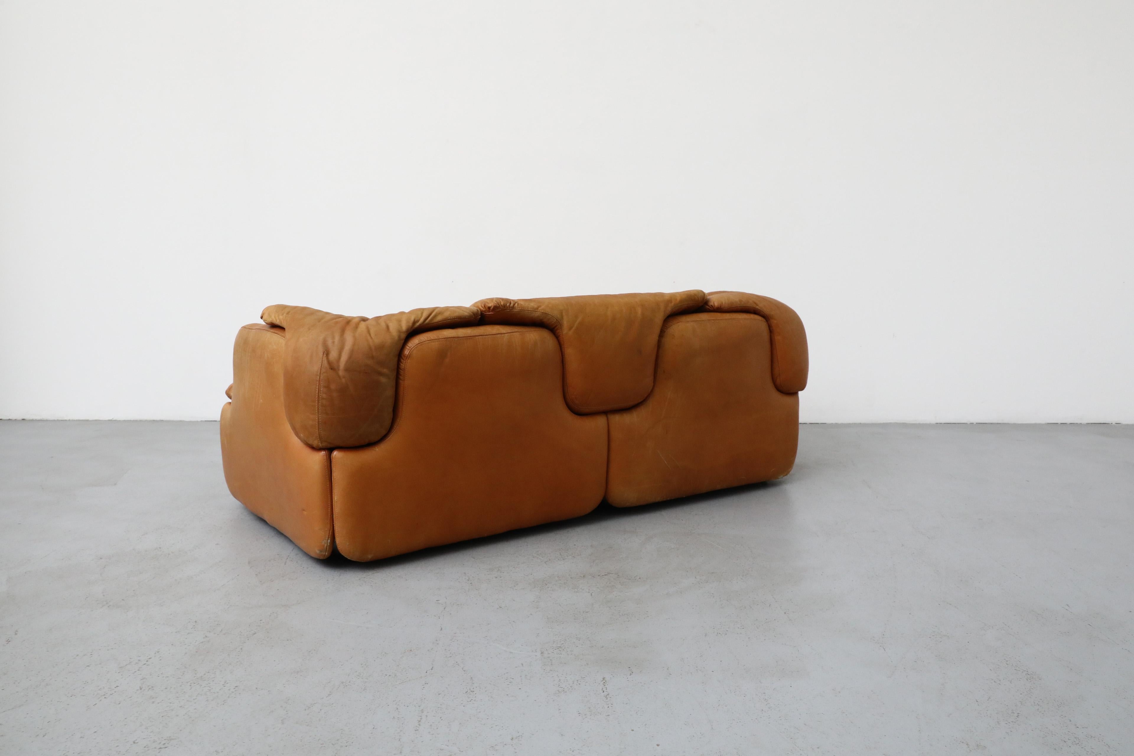 1970s Saporiti 'Confidential' Cognac Leather Loveseat by Alberto Rosselli In Good Condition For Sale In Los Angeles, CA