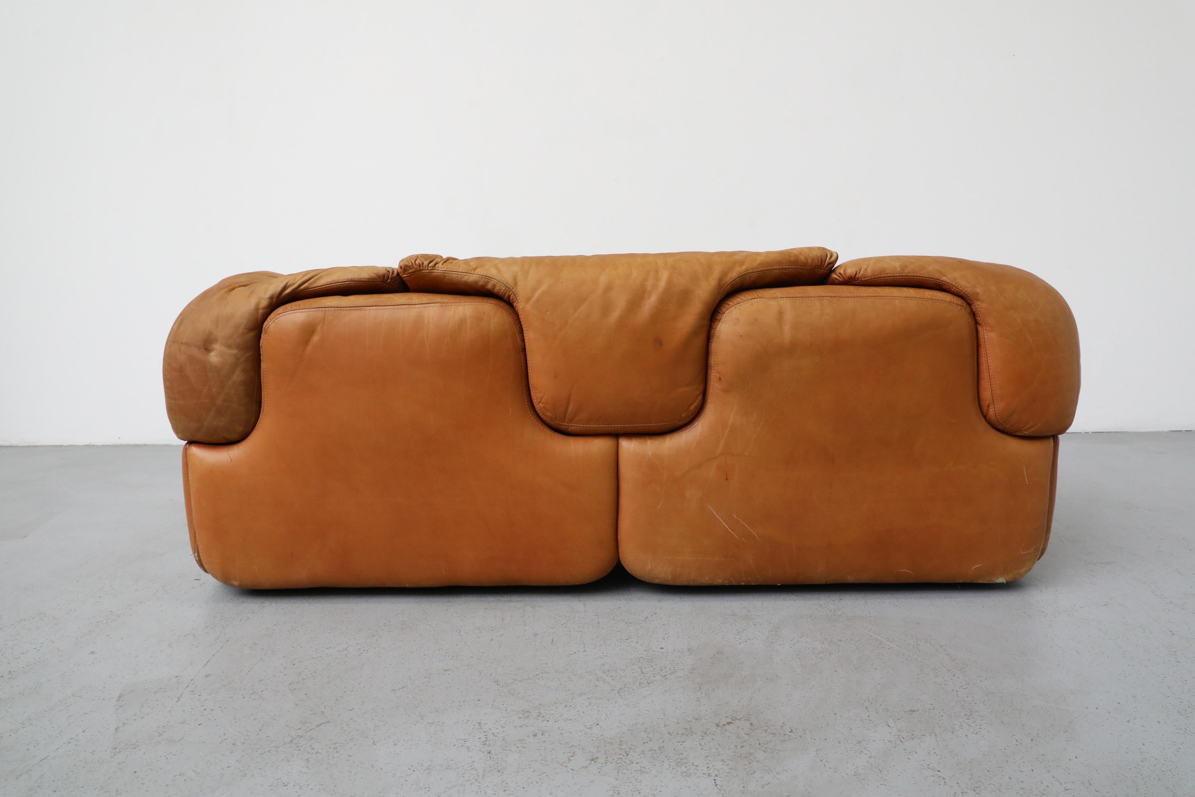 1970s Saporiti 'Confidential' Cognac Leather Loveseat by Alberto Rosselli For Sale 1