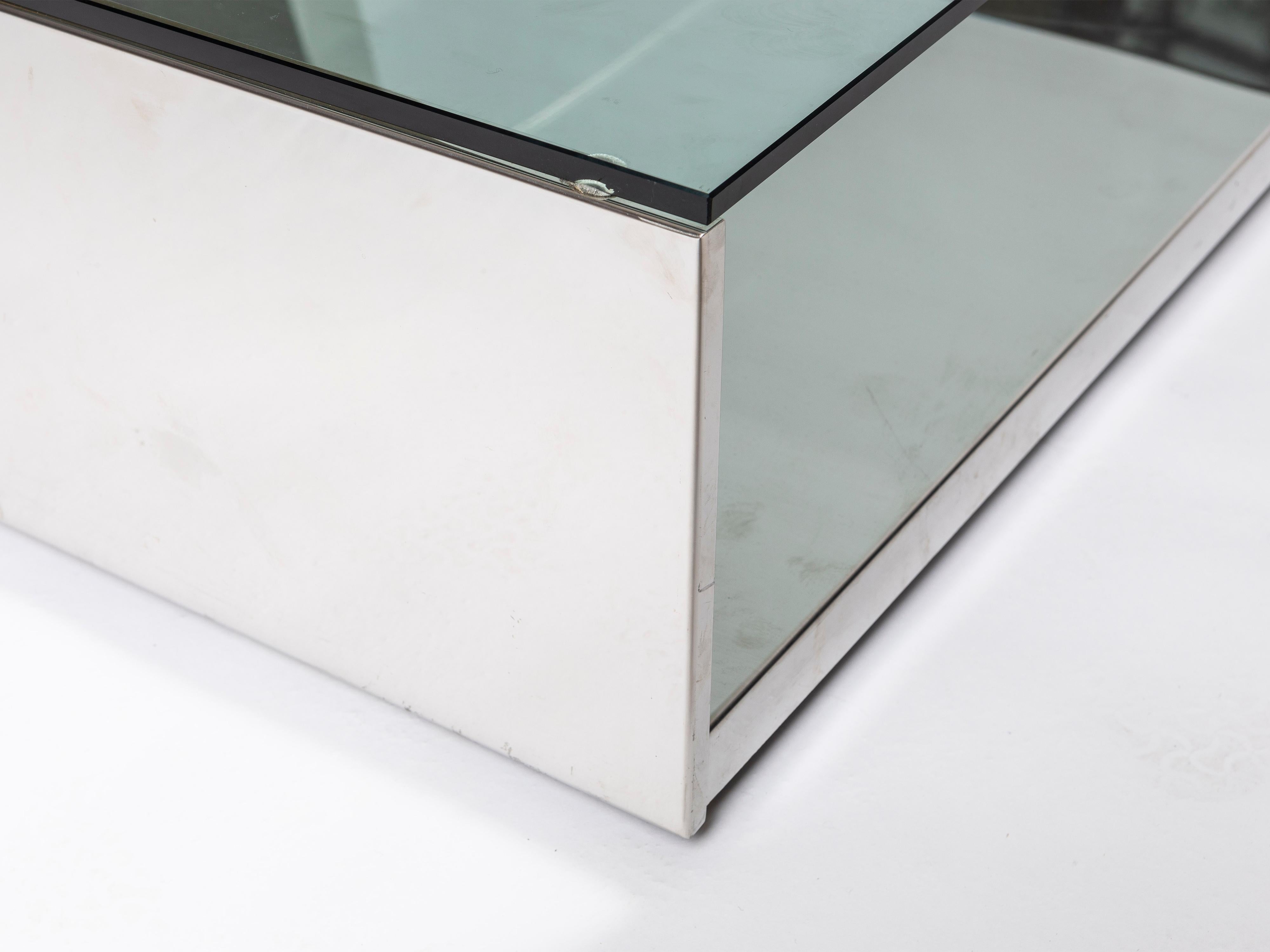 1970s Saporiti Embossed Chrome Coffee Table with Glass Top 2