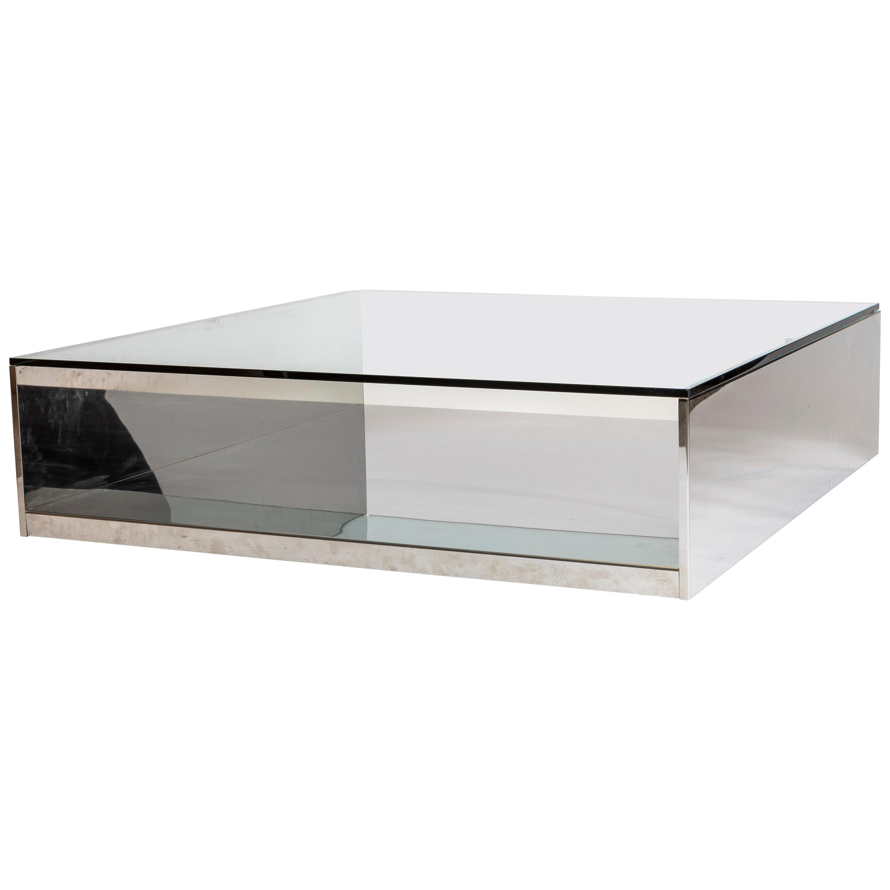 1970s Saporiti Embossed Chrome Coffee Table with Glass Top