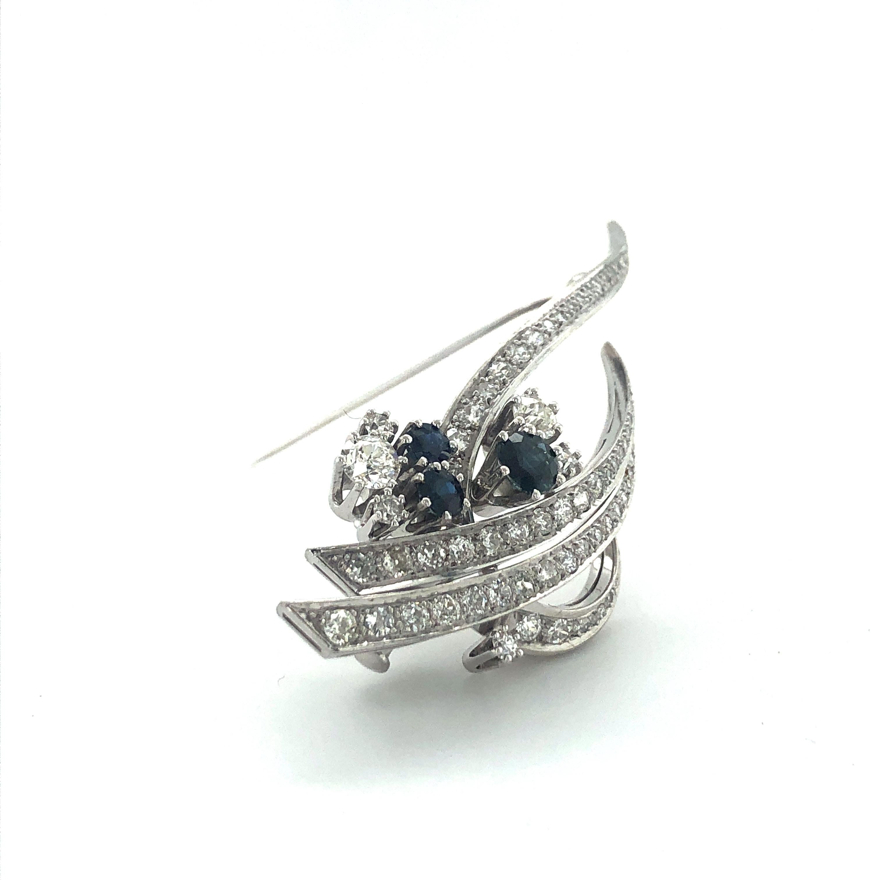 Modern 1970s Sapphire and Diamond Brooch in White Gold For Sale