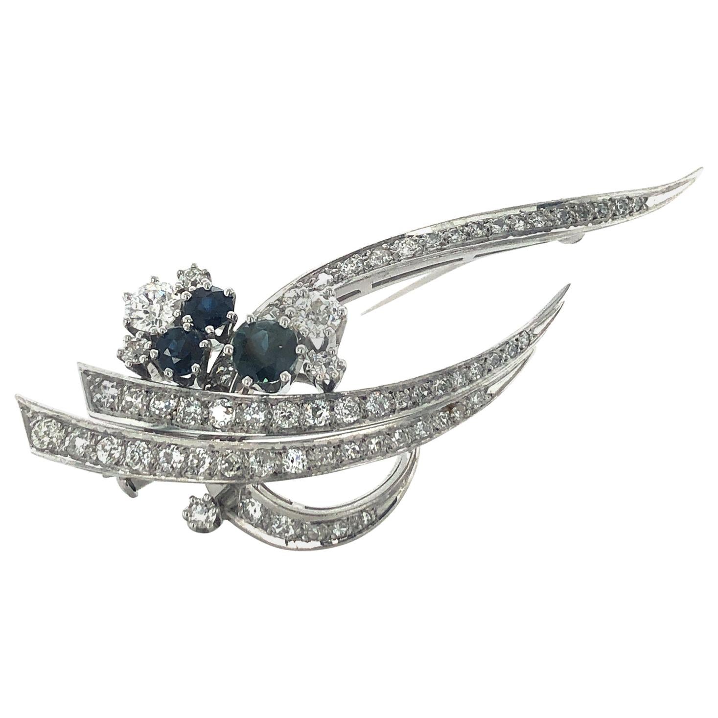 1970s Sapphire and Diamond Brooch in White Gold For Sale