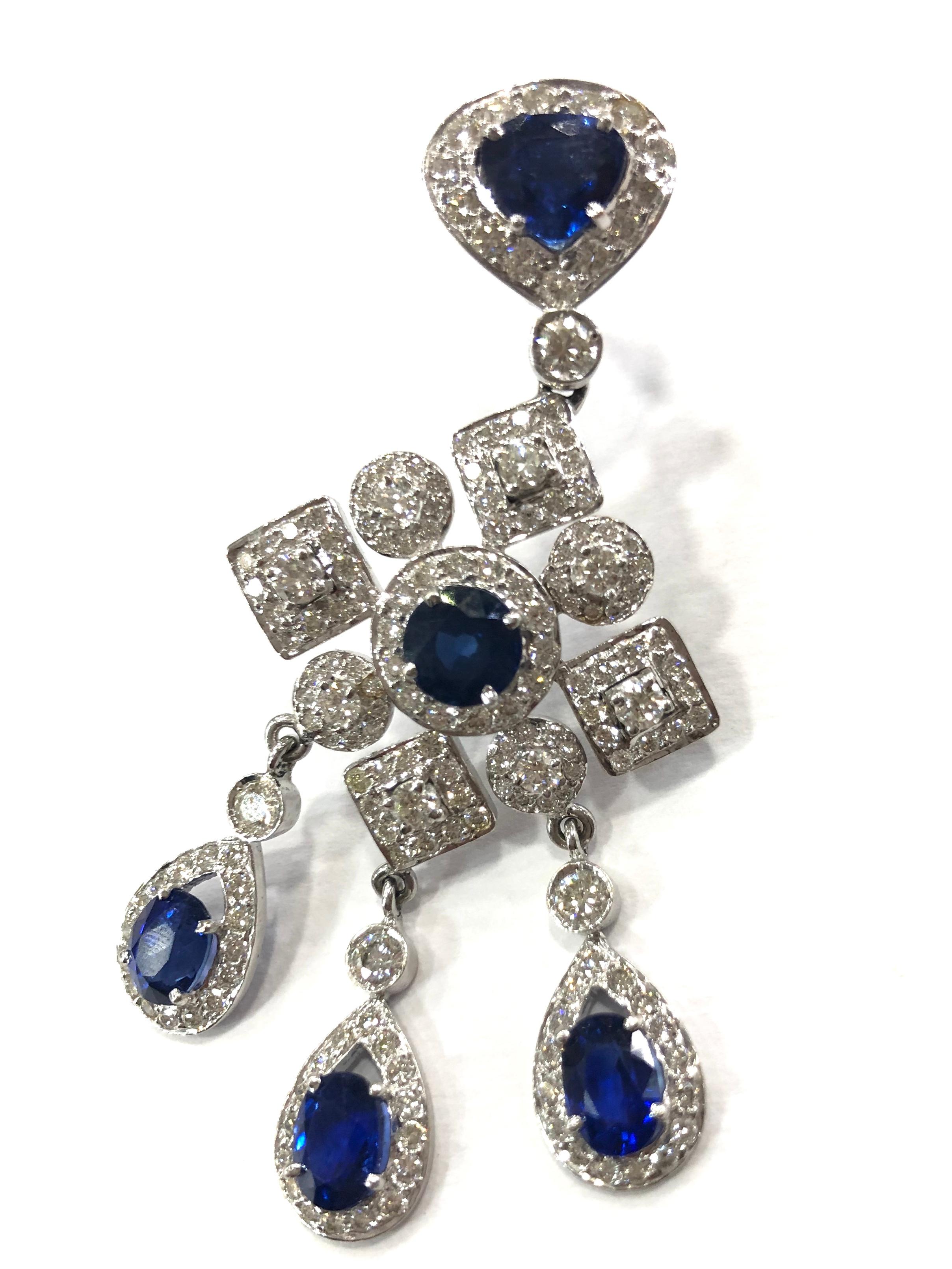 1970s Sapphire and Diamond Drop Earrings In Good Condition For Sale In Oxted, Surrey