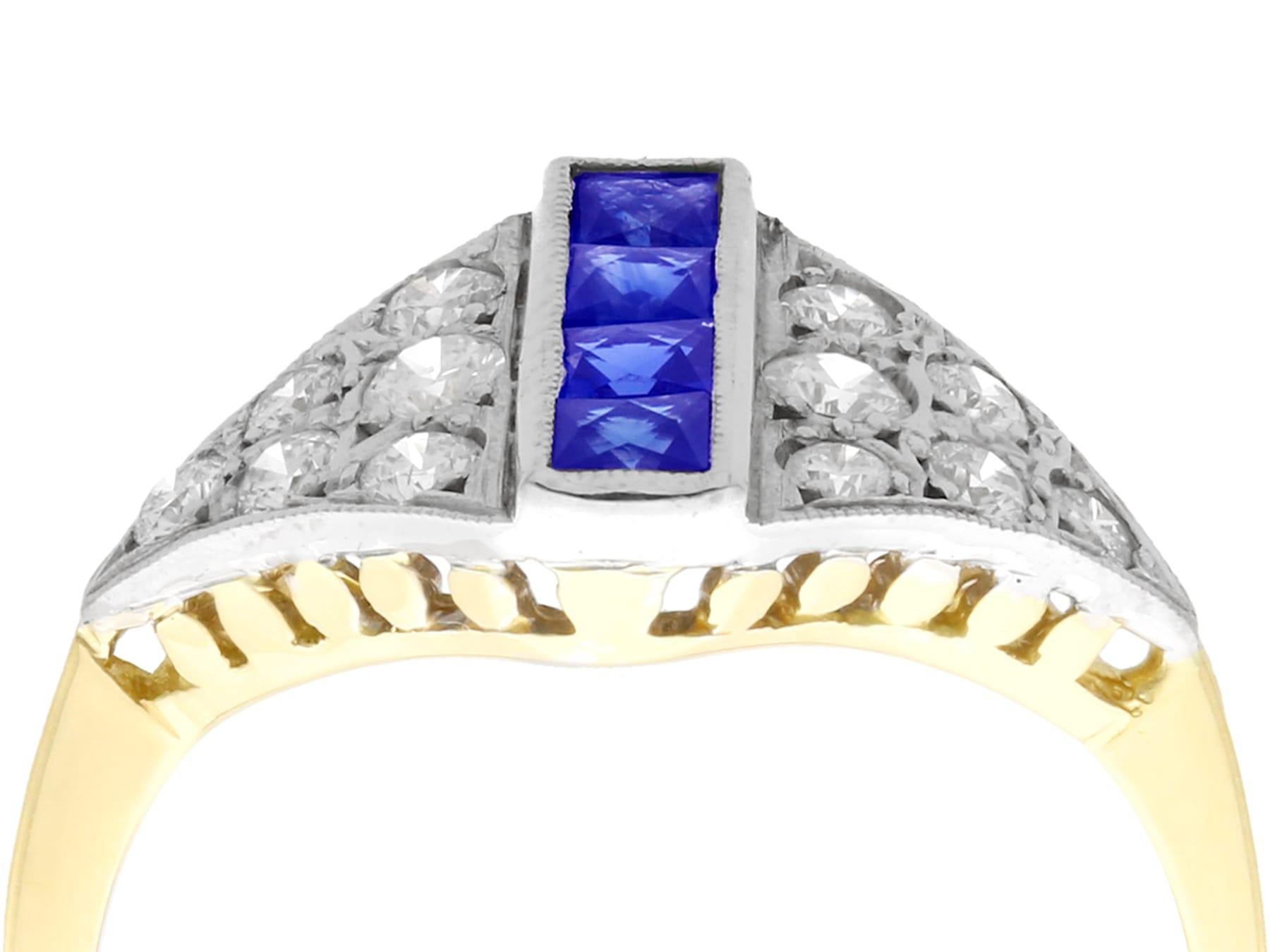 An impressive 0.28 carat blue sapphire and 0.48 carat diamond, 18 karat yellow gold and 18 karat white gold set dress ring; part of our diverse vintage jewelry collections.

This fine and impressive sapphire and diamond dress ring has been crafted