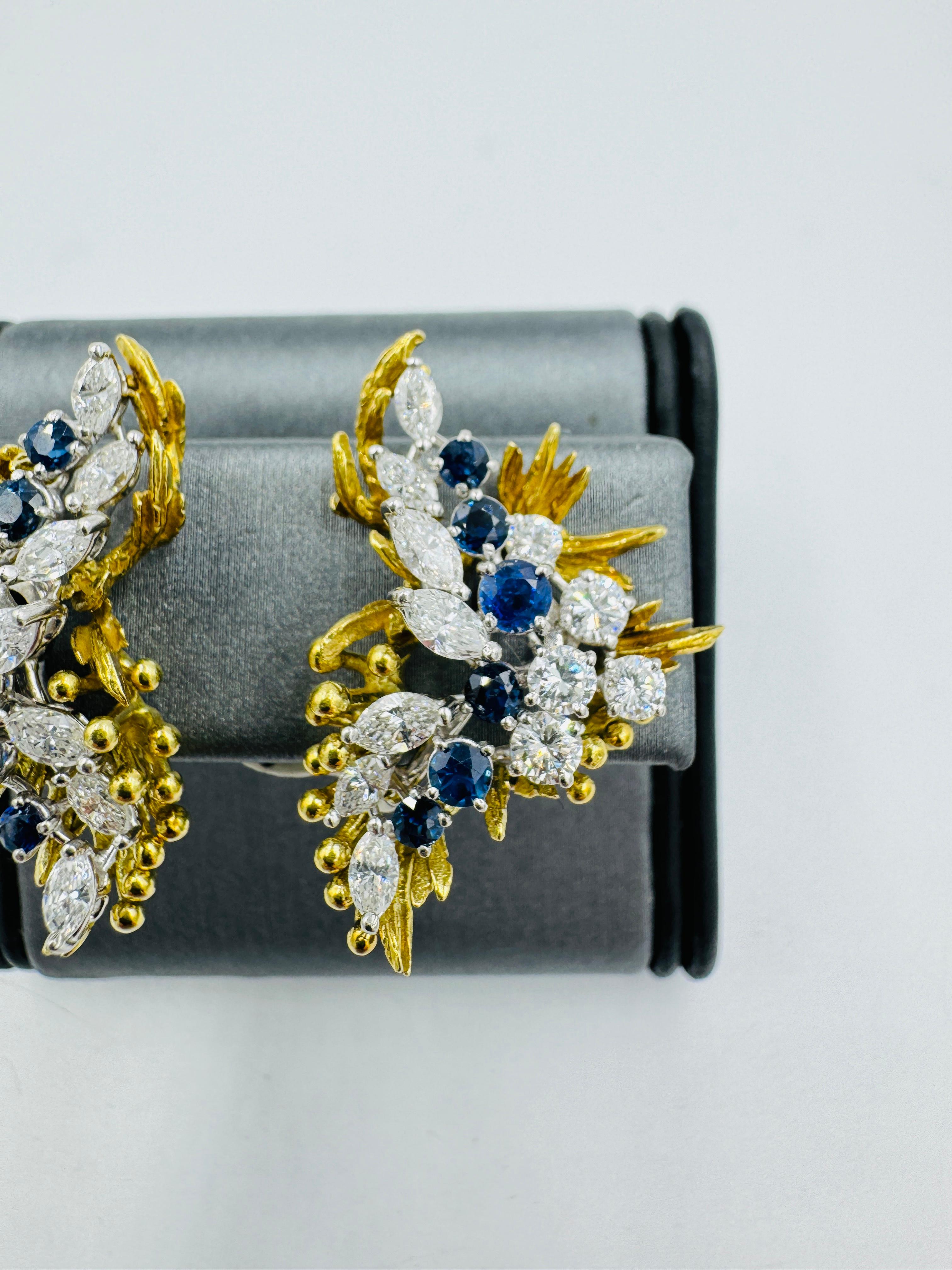 1970er Jahre Saphir Diamant Clip On Gelbgold Platin Ohrringe im Angebot 4