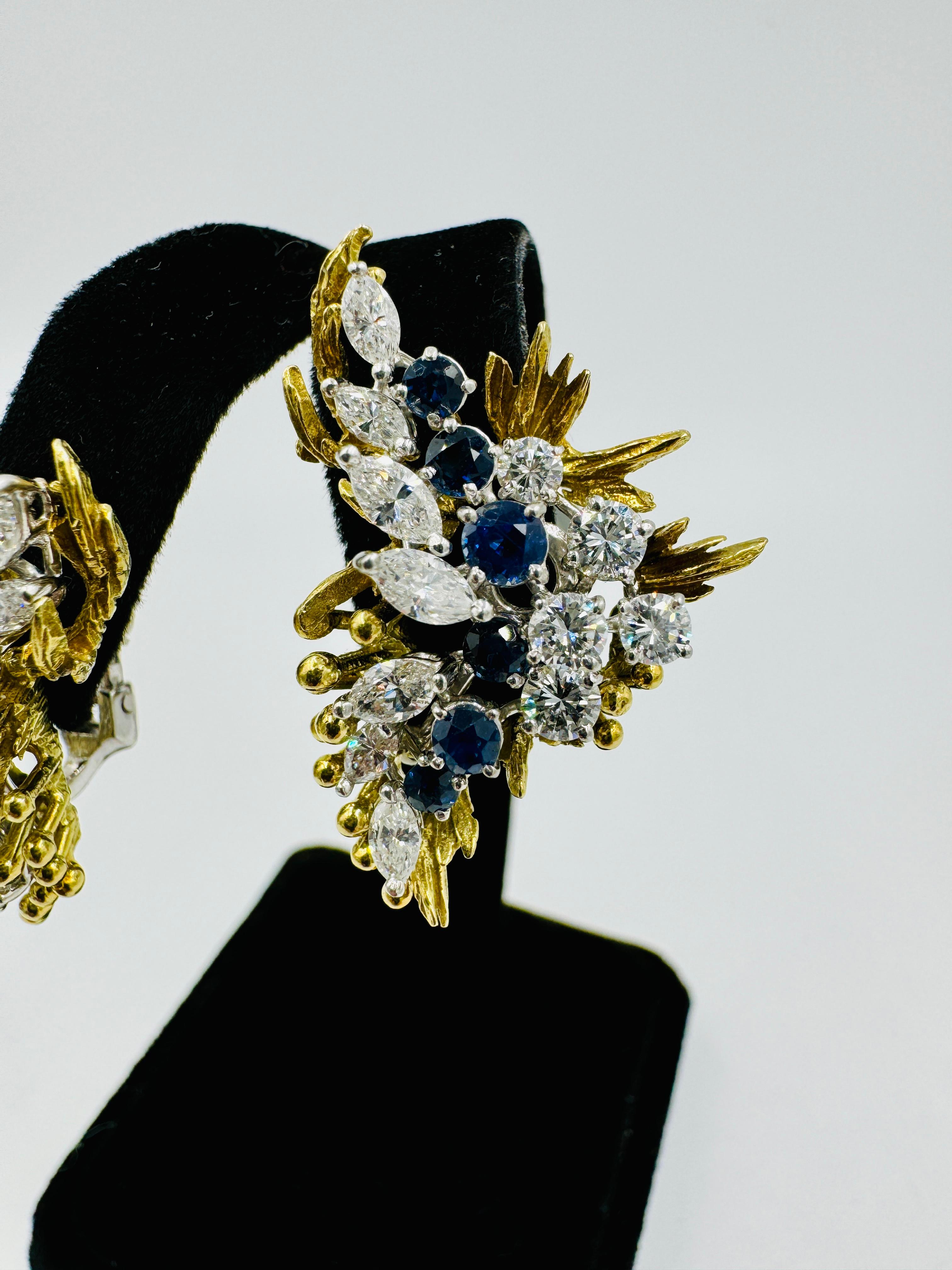 1970er Jahre Saphir Diamant Clip On Gelbgold Platin Ohrringe (Gemischter Schliff) im Angebot