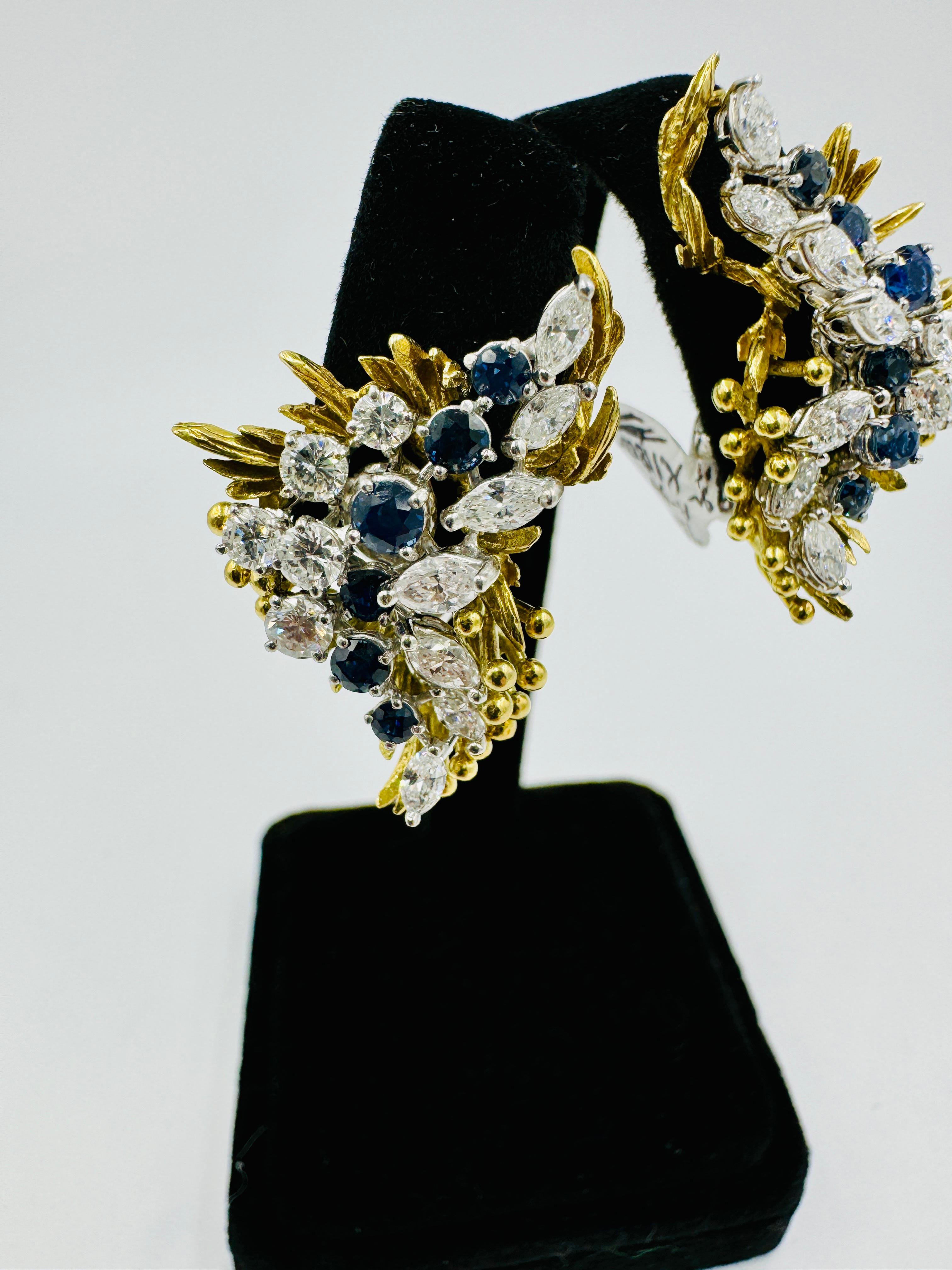 1970er Jahre Saphir Diamant Clip On Gelbgold Platin Ohrringe im Zustand „Gut“ im Angebot in Los Angeles, CA