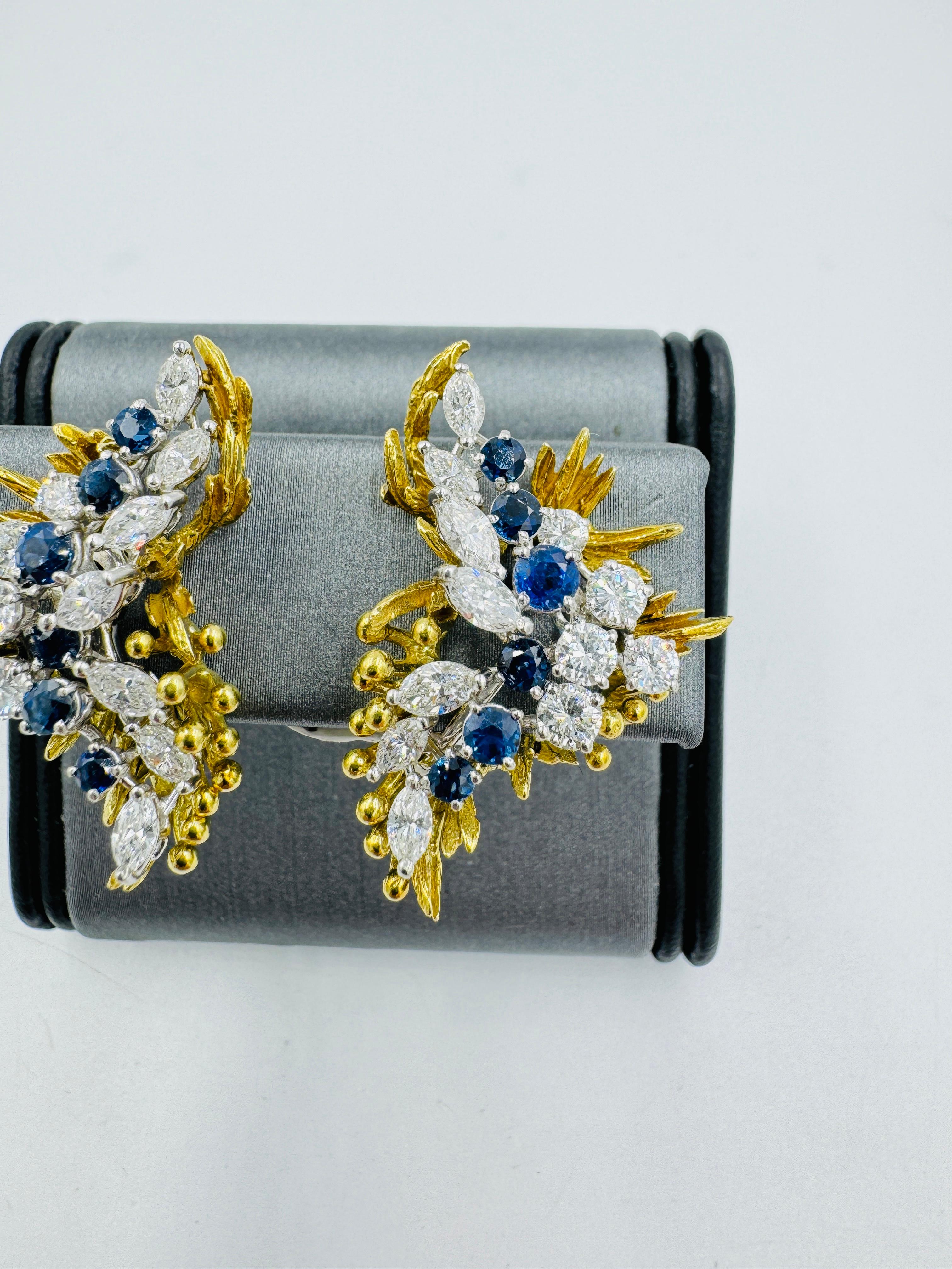 1970er Jahre Saphir Diamant Clip On Gelbgold Platin Ohrringe im Angebot 3