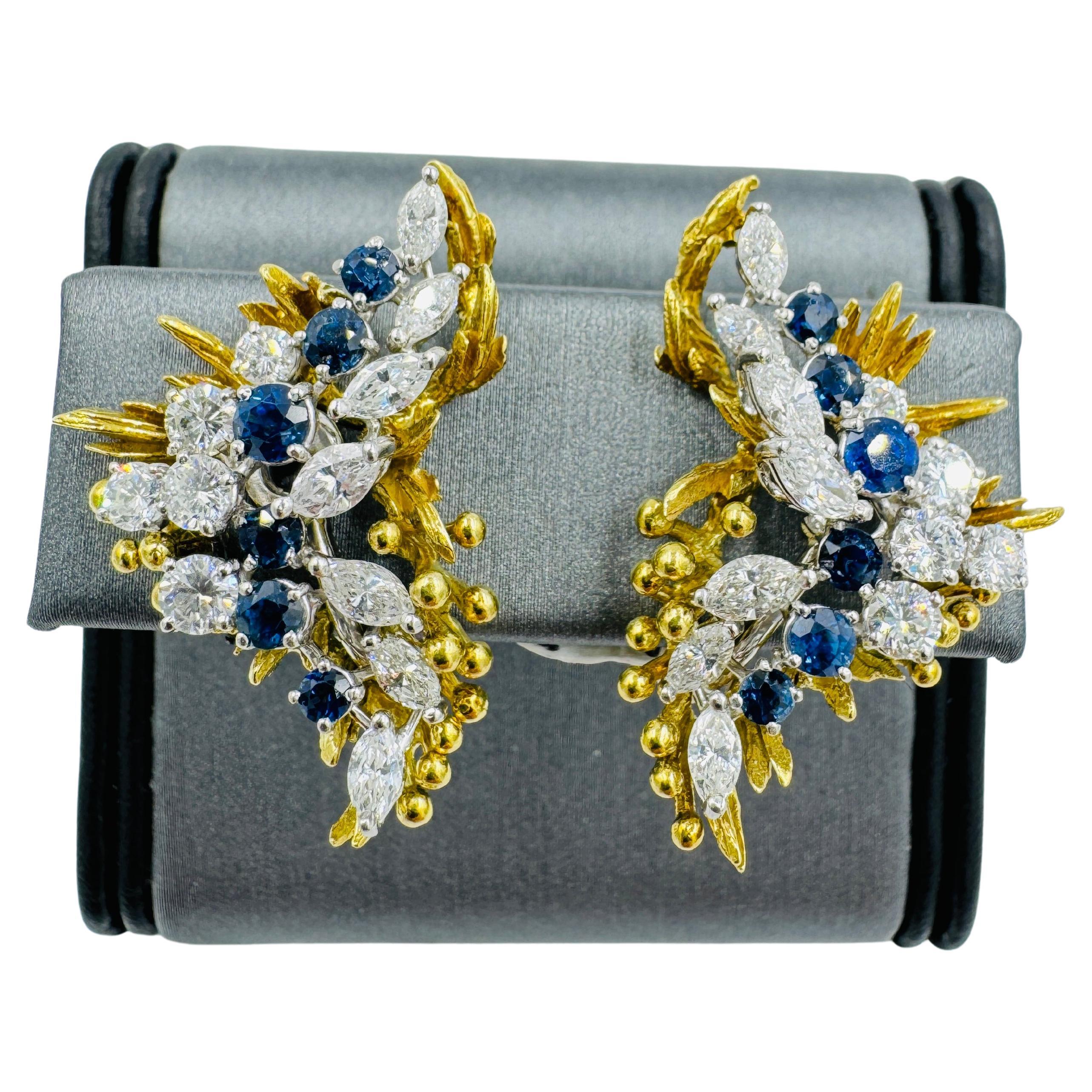 1970er Jahre Saphir Diamant Clip On Gelbgold Platin Ohrringe im Angebot