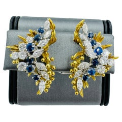 1970s Sapphire Diamond Clip On Yellow Gold Platinum Earrings