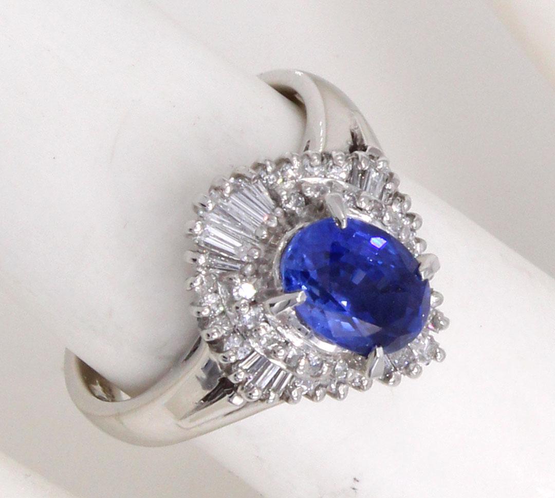 Oval Cut 1970s Sapphire Diamond Platinum Engagement Ring