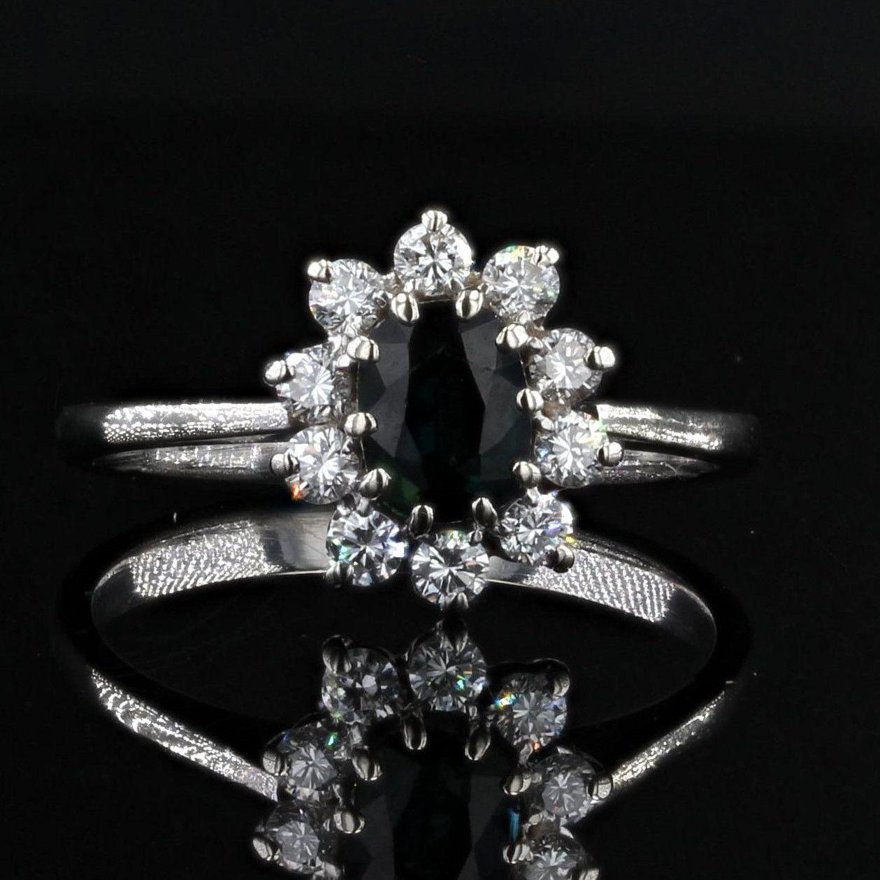 1970s Sapphire Diamonds 18 Karat White Gold Daisy Ring 1