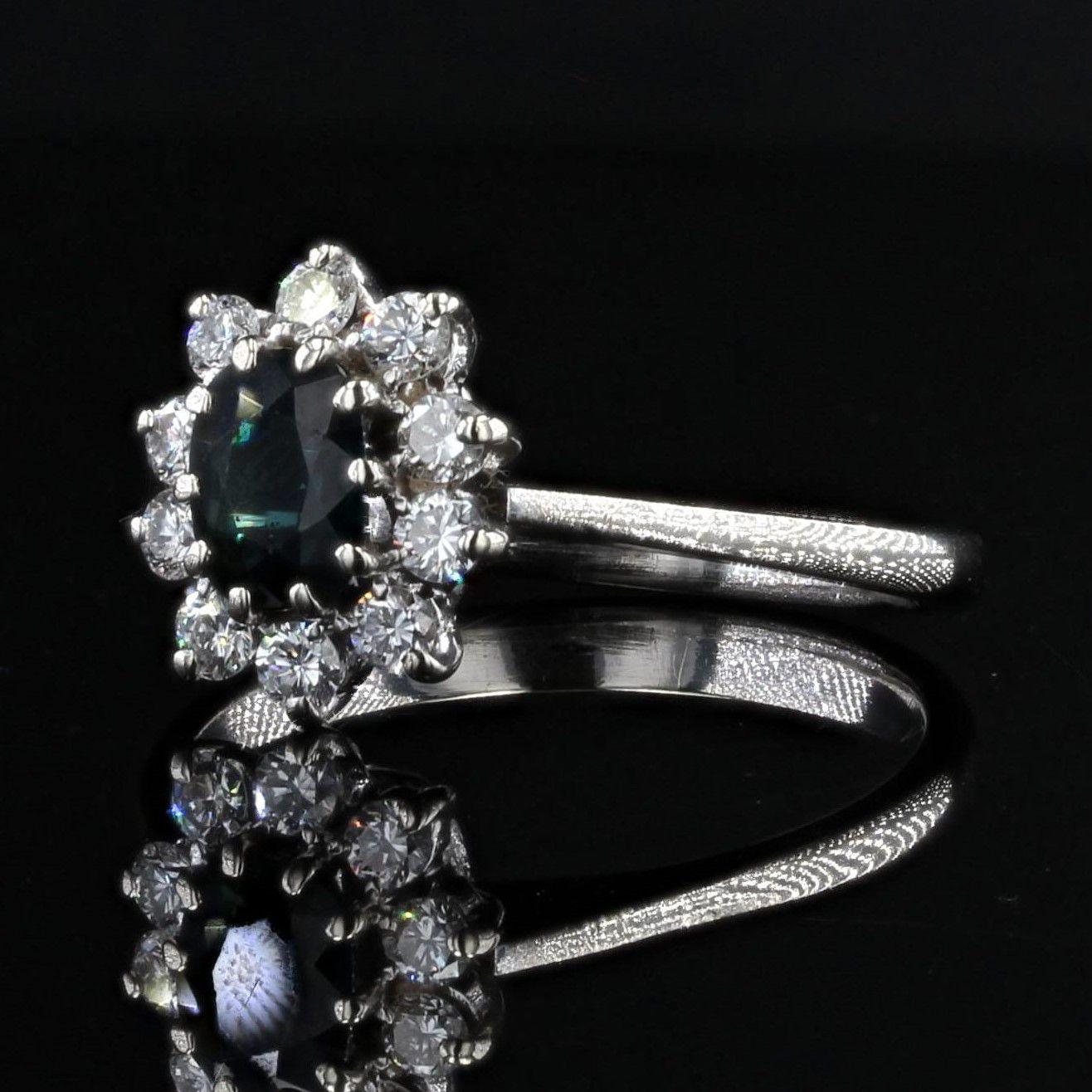 1970s Sapphire Diamonds 18 Karat White Gold Daisy Ring 2
