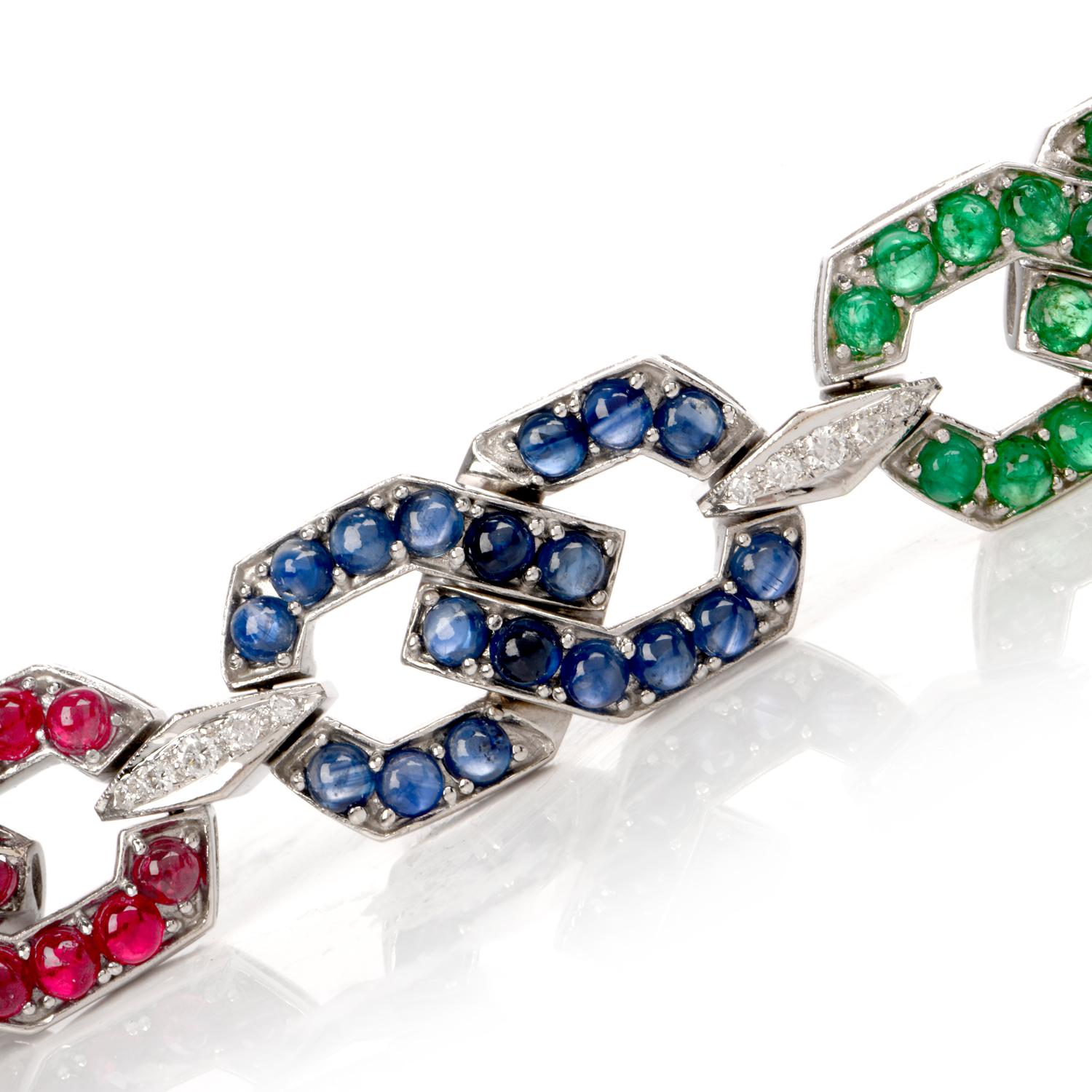 Round Cut 1970s Sapphire Emerald Ruby Diamond Gold Link Bracelet