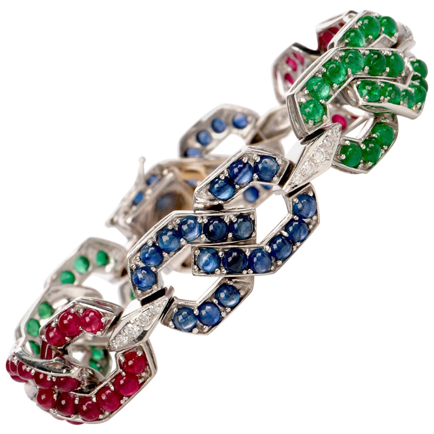1970s Sapphire Emerald Ruby Diamond Gold Link Bracelet