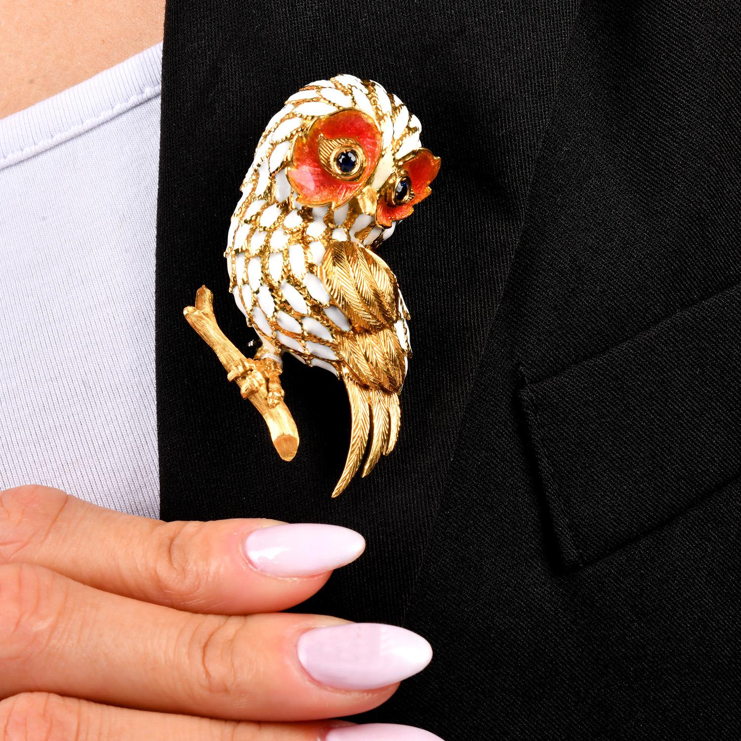 Modern 1970S Sapphire Owl 18K Yellow Gold Enamel Brooch pin For Sale