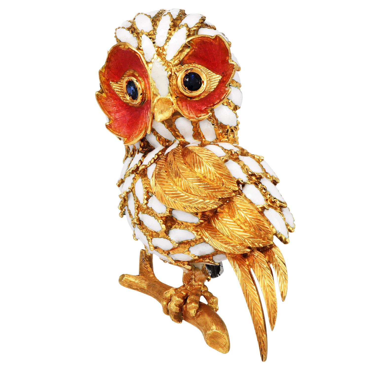 Round Cut 1970S Sapphire Owl 18K Yellow Gold Enamel Brooch pin For Sale