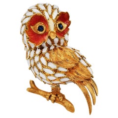 1970S Sapphire Owl 18K Yellow Gold Enamel Brooch pin