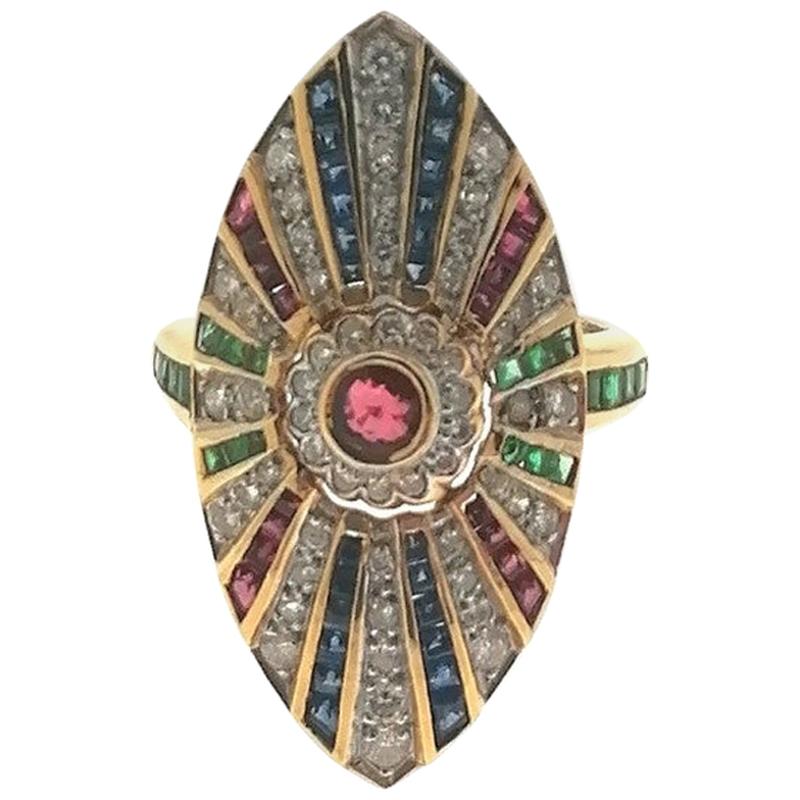 1970s Sapphire, Ruby, Emerald and Diamonds 18 Karat Yellow Gold Ring For Sale