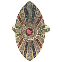 1970s Sapphire, Ruby, Emerald and Diamonds 18 Karat Yellow Gold Ring