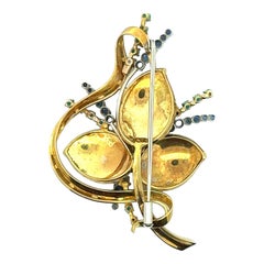 1970's Sapphire Turquoise 18 Karat Yellow Gold Textured Leaf Brooch Pin