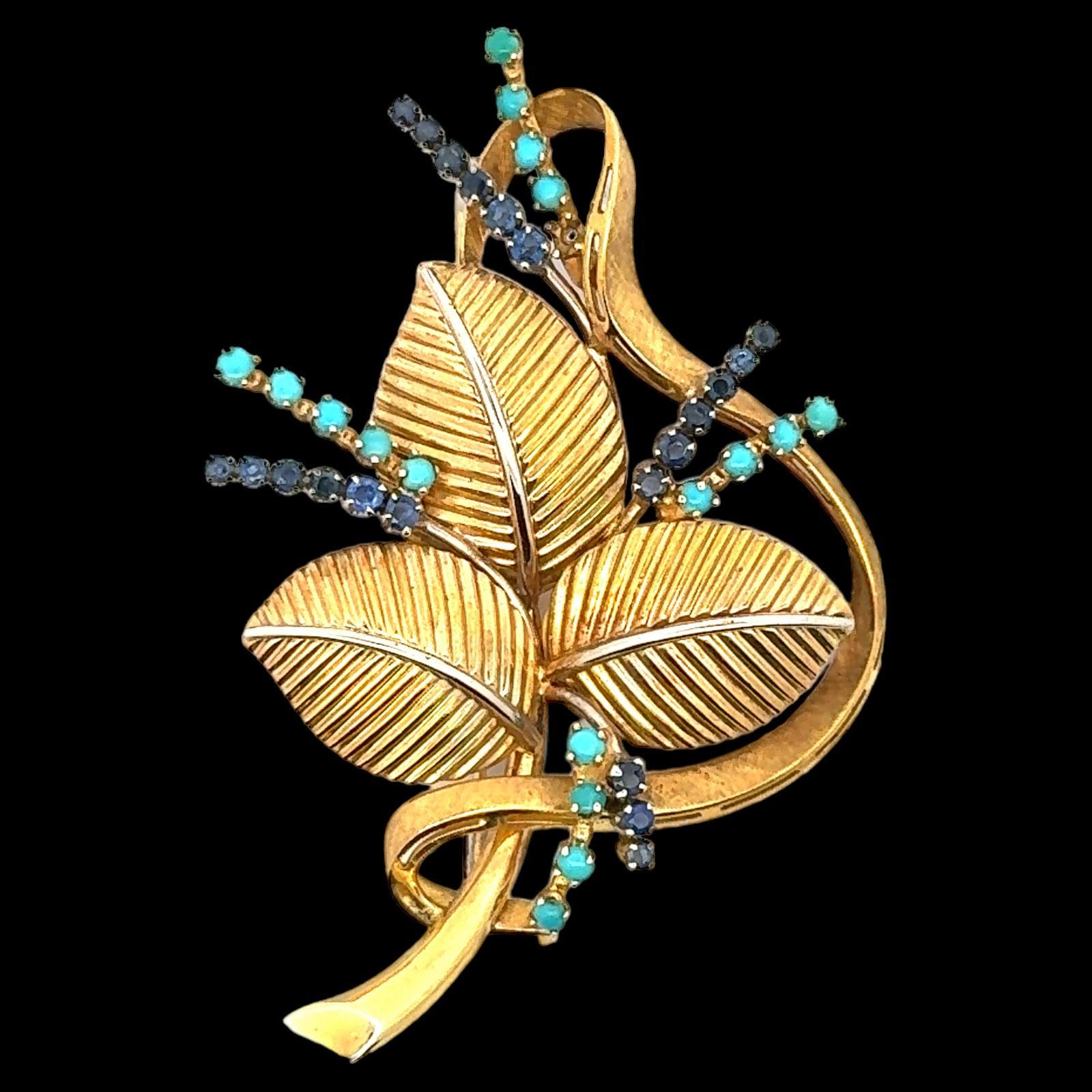 Modern 1970's Sapphire Turquoise 18 Karat Yellow Gold Textured Leaf Brooch Pin For Sale