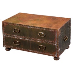 1970s Sarreid Ltd. Spain Brass-Clad Campaign Style Two Drawer Cocktail Chest