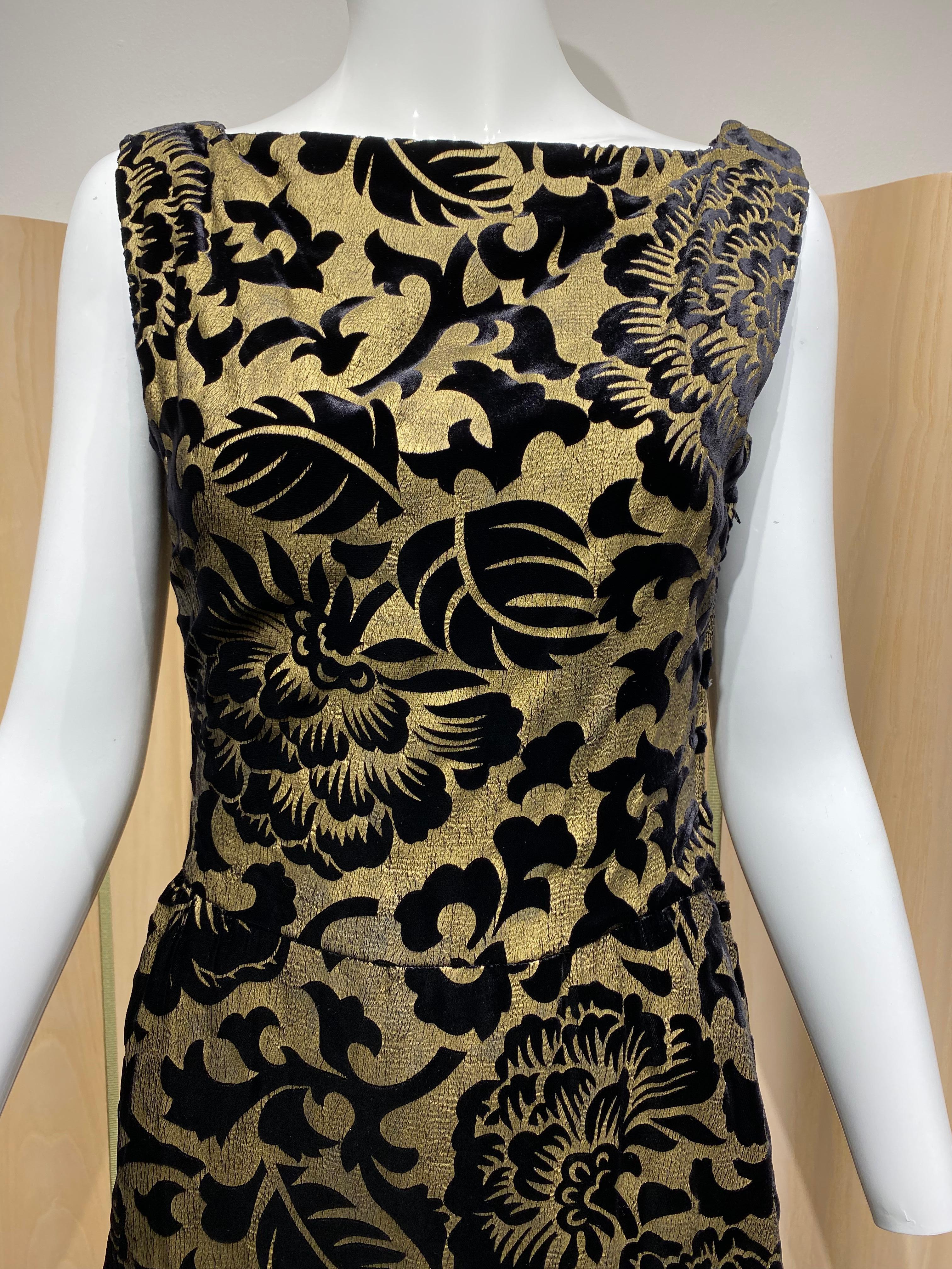 1970s SCAASI Black and Gold Velvet Flocked Poiret  Inspired Print Gown For Sale 4
