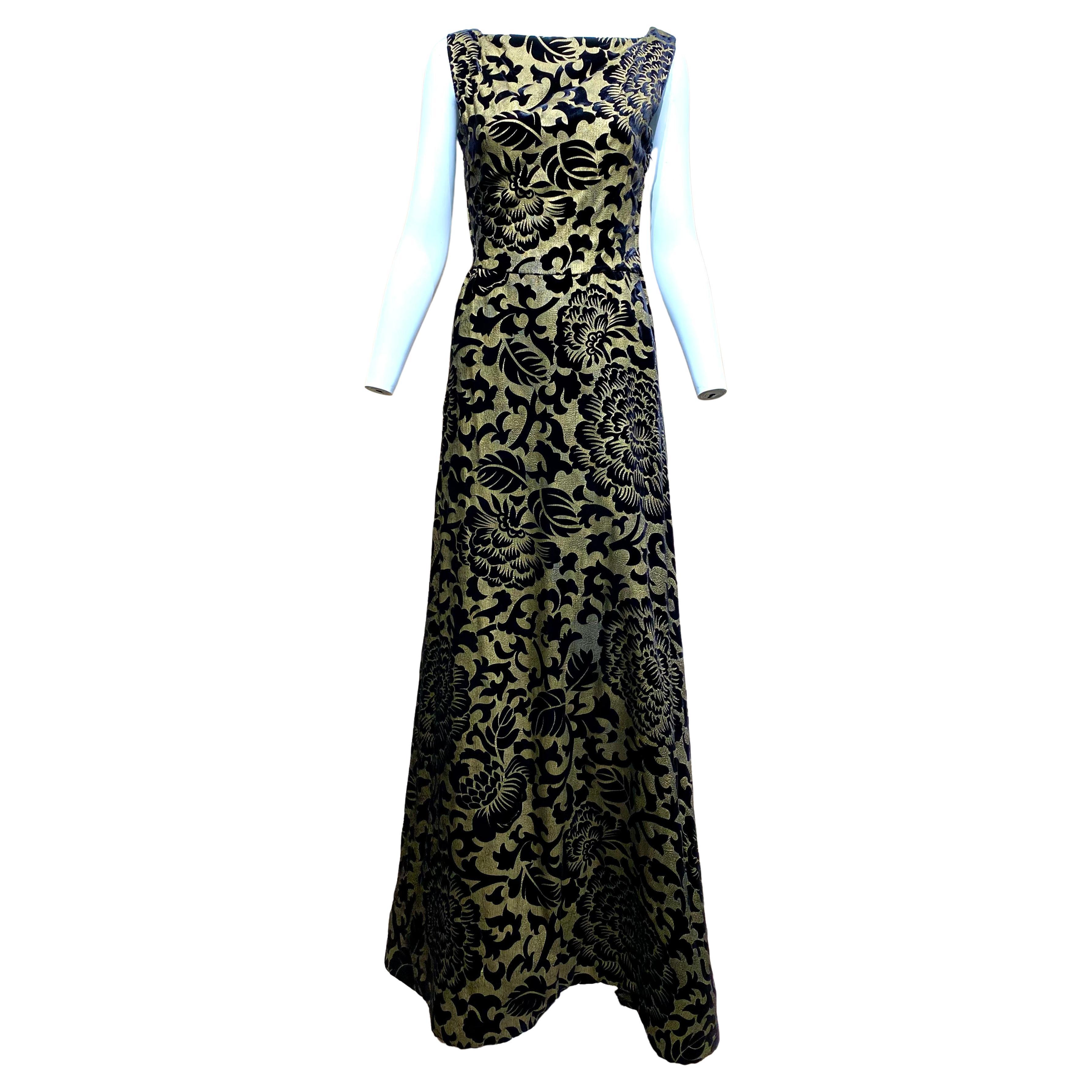 1970s SCAASI Black and Gold Velvet Flocked Poiret  Inspired Print Gown For Sale
