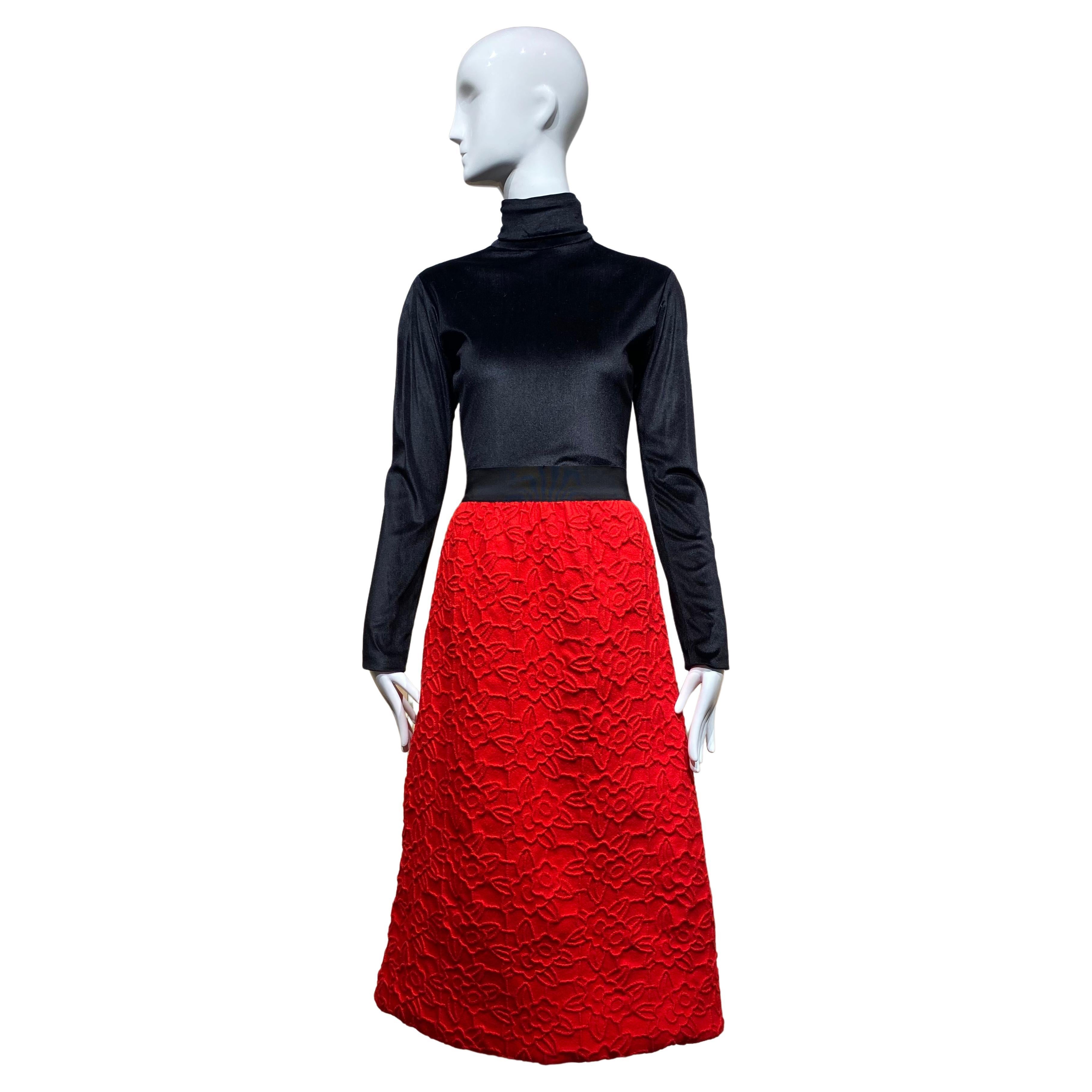 1970s Scaasi Black and Red Long Sleeve Cocktail Dress