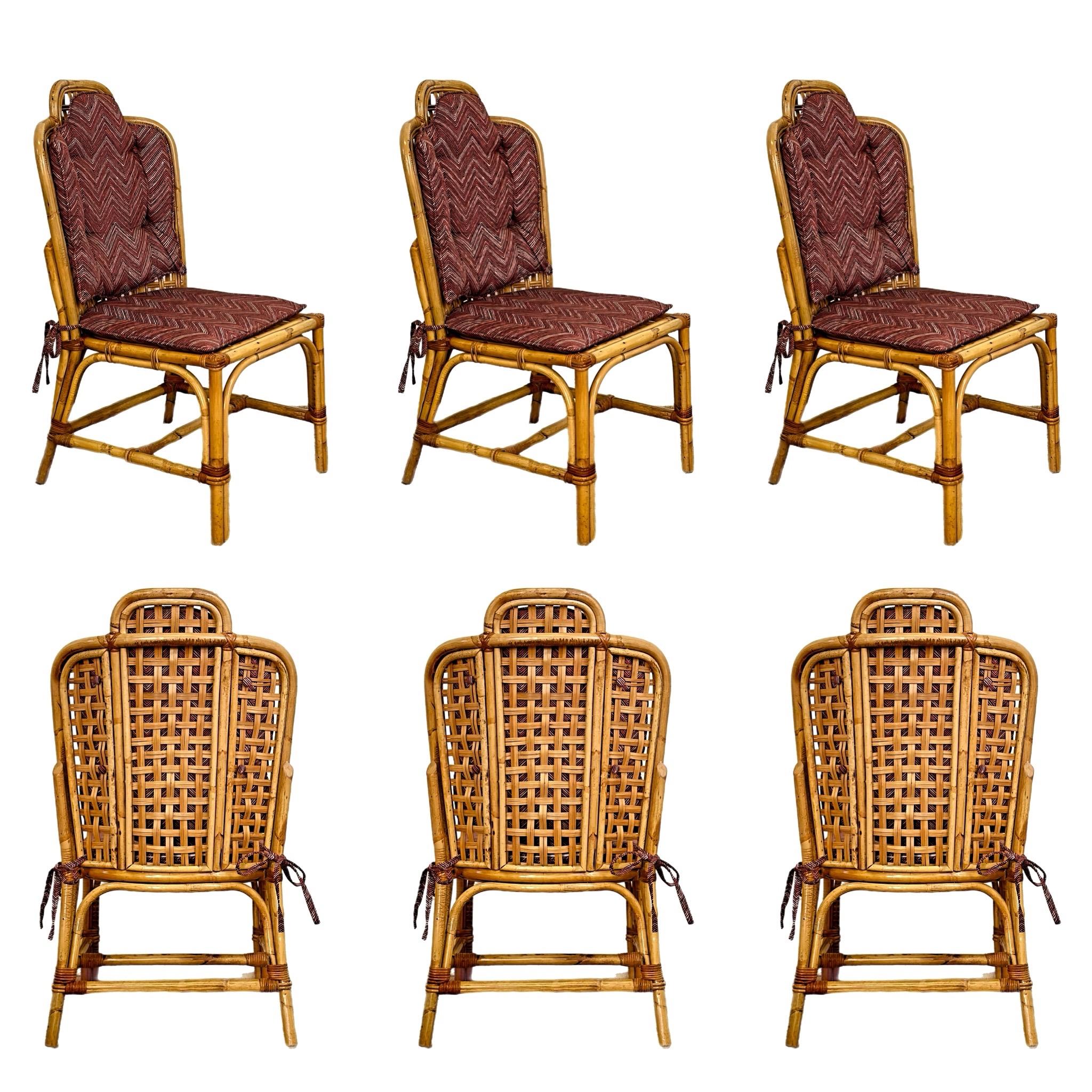1970s Scalloped Rattan and Bamboo Dining Chairs With Chevron Cushions – Set of 6