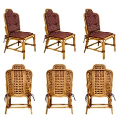 1970s Scalloped Rattan and Bamboo Dining Chairs With Chevron Cushions – Set of 6