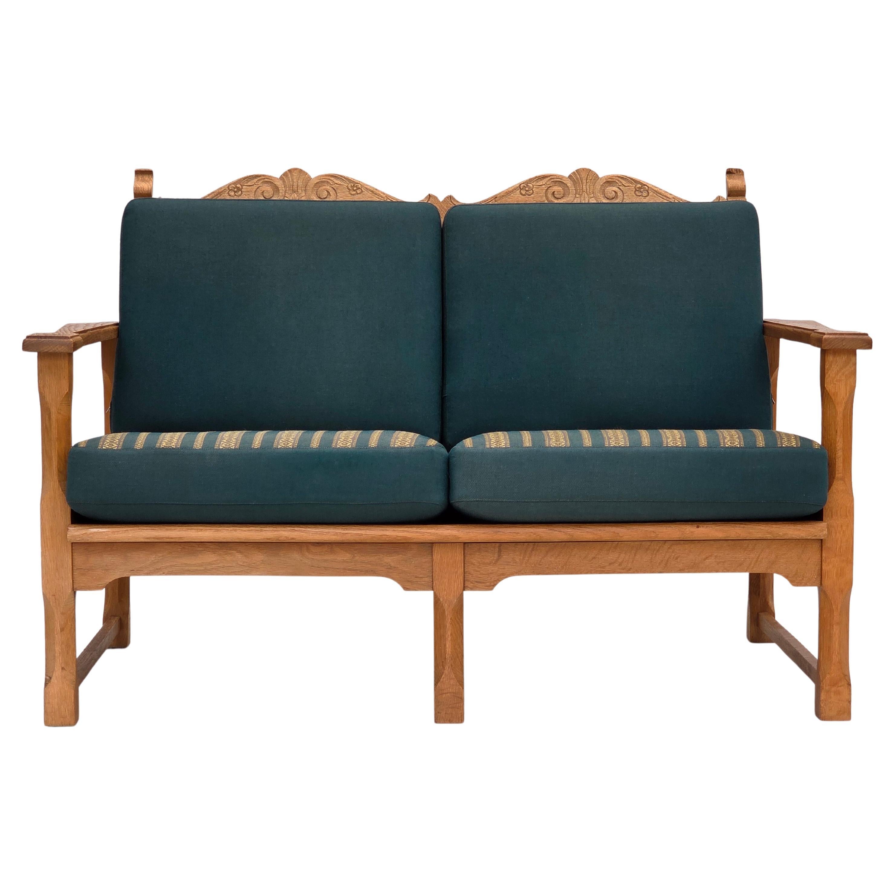 1970s, Scandinavian 2-seater sofa, furniture wool, solid oak wood.