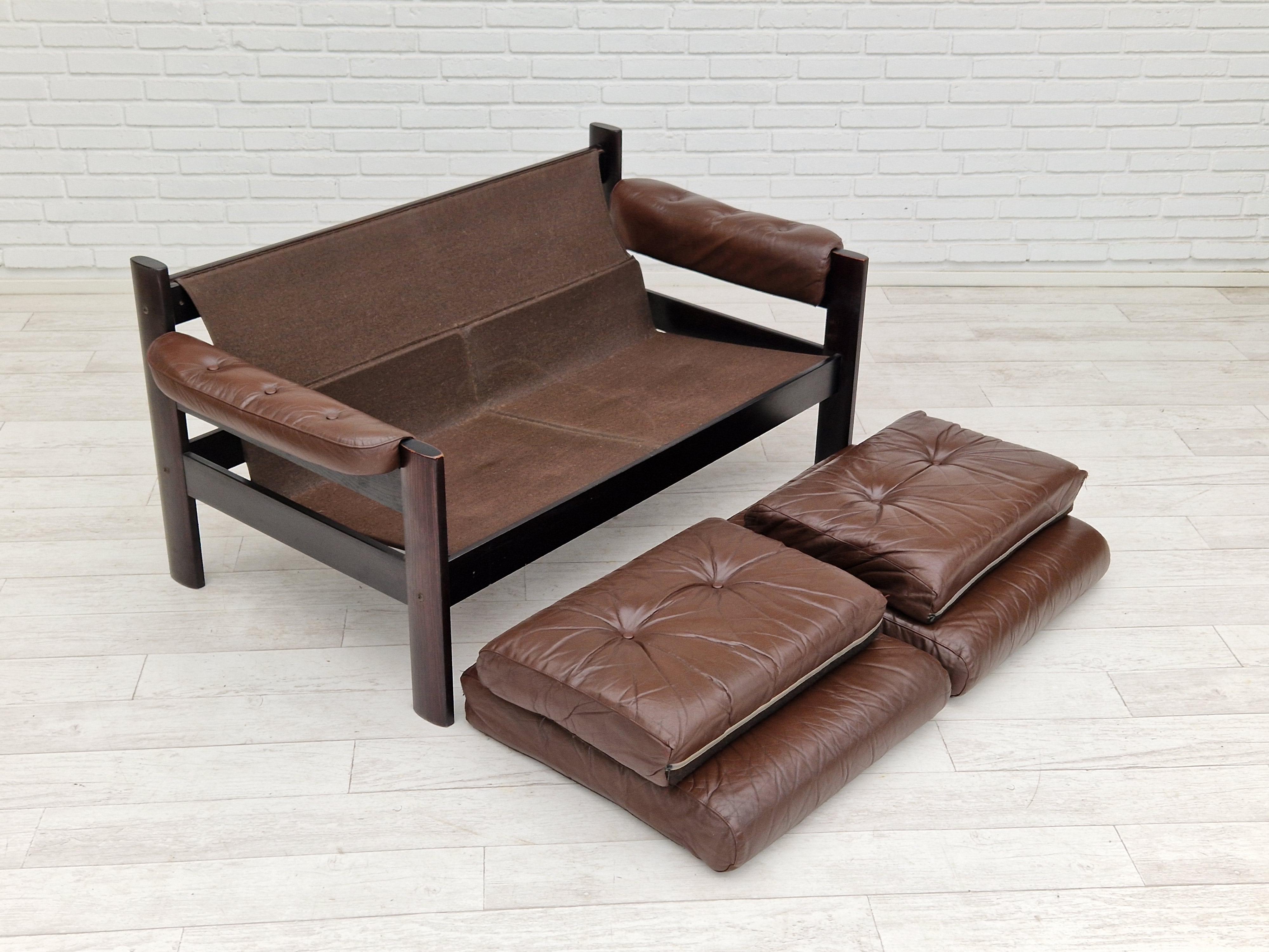 1970s, Scandinavian 2-Seater Sofa, Original Condition, Brown Leather 6
