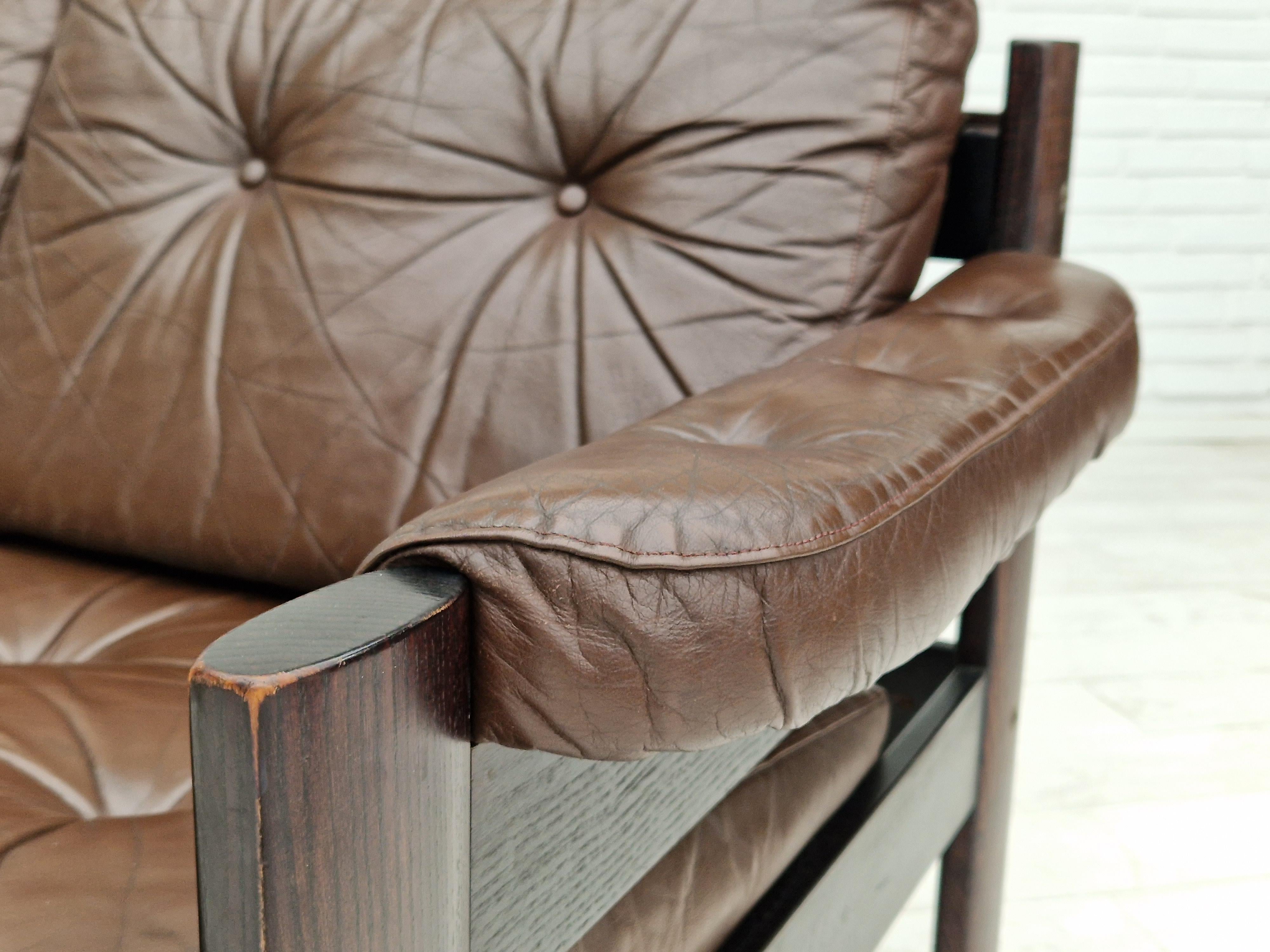 Scandinavian Modern 1970s, Scandinavian 2-Seater Sofa, Original Condition, Brown Leather