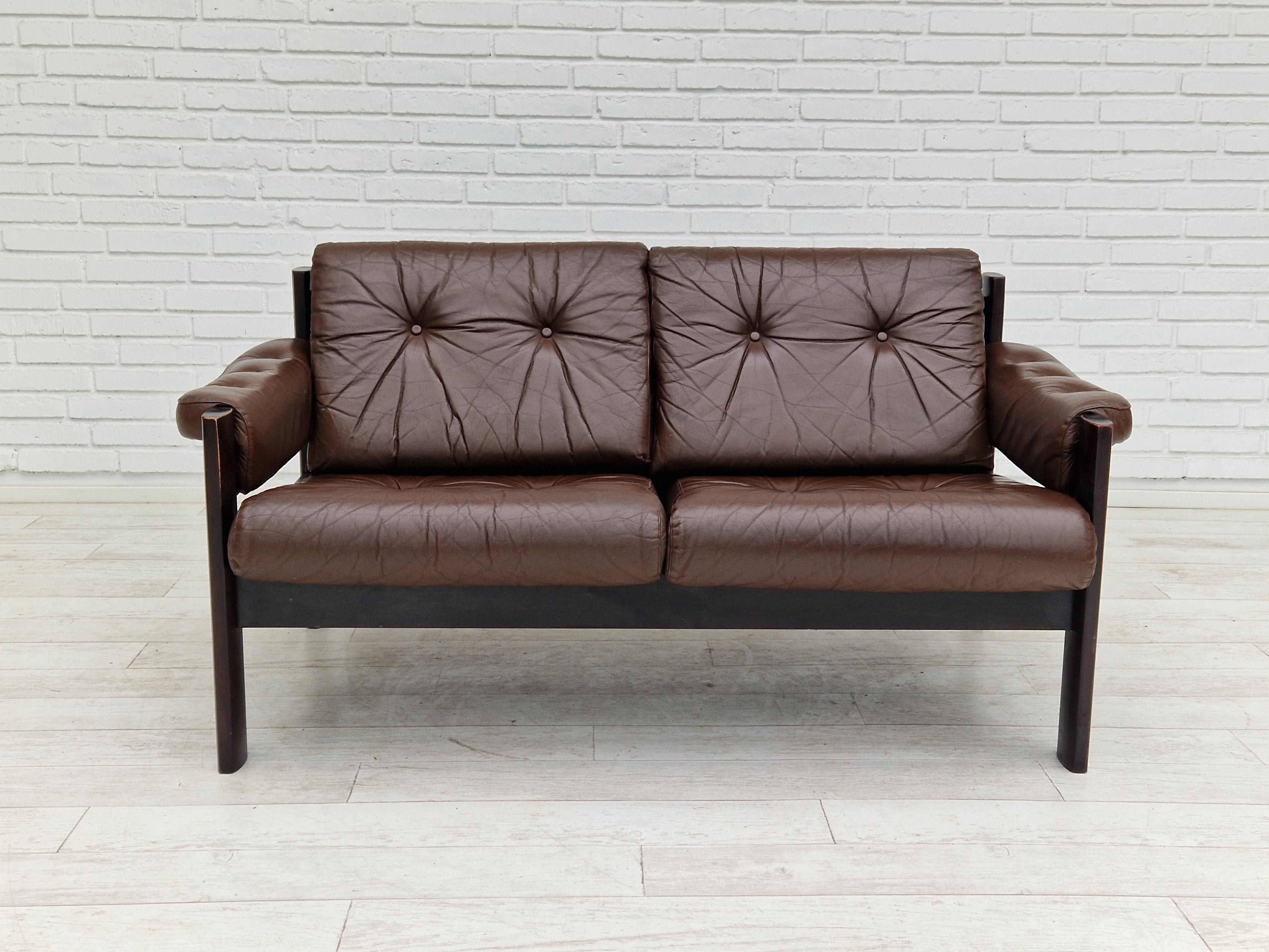 Swedish 1970s, Scandinavian 2-Seater Sofa, Original Condition, Brown Leather