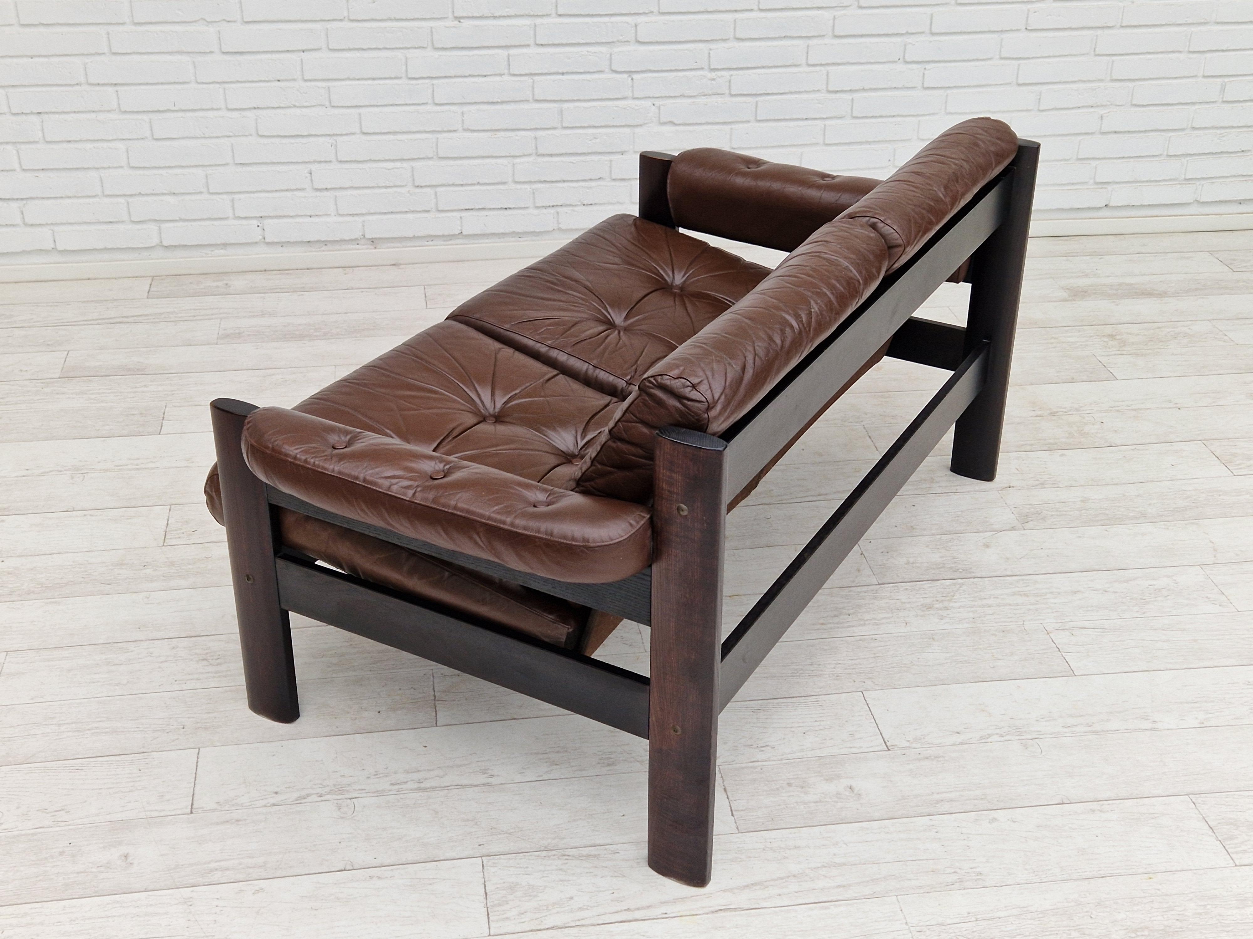 1970s, Scandinavian 2-Seater Sofa, Original Condition, Brown Leather 3