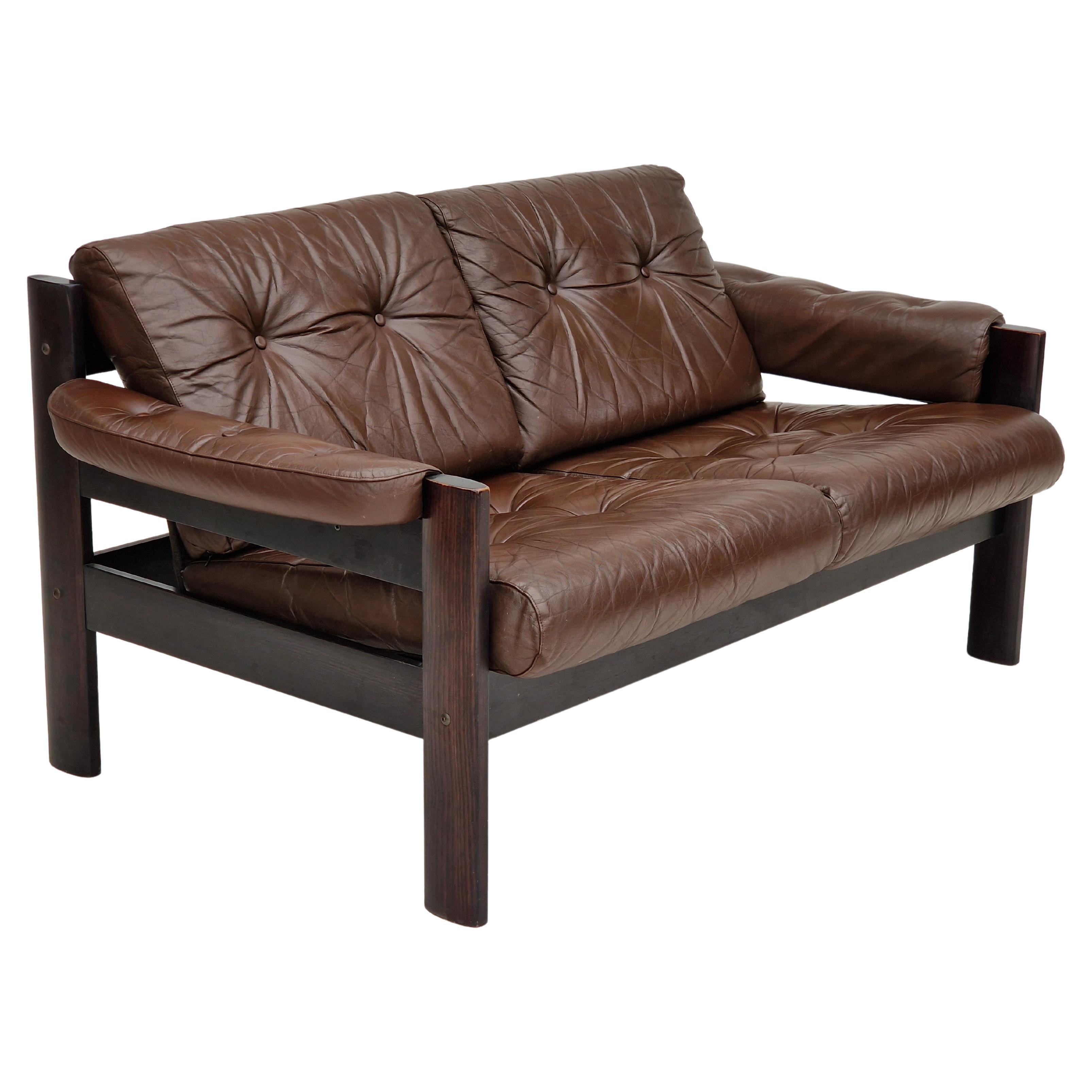 1970s, Scandinavian 2-Seater Sofa, Original Condition, Brown Leather