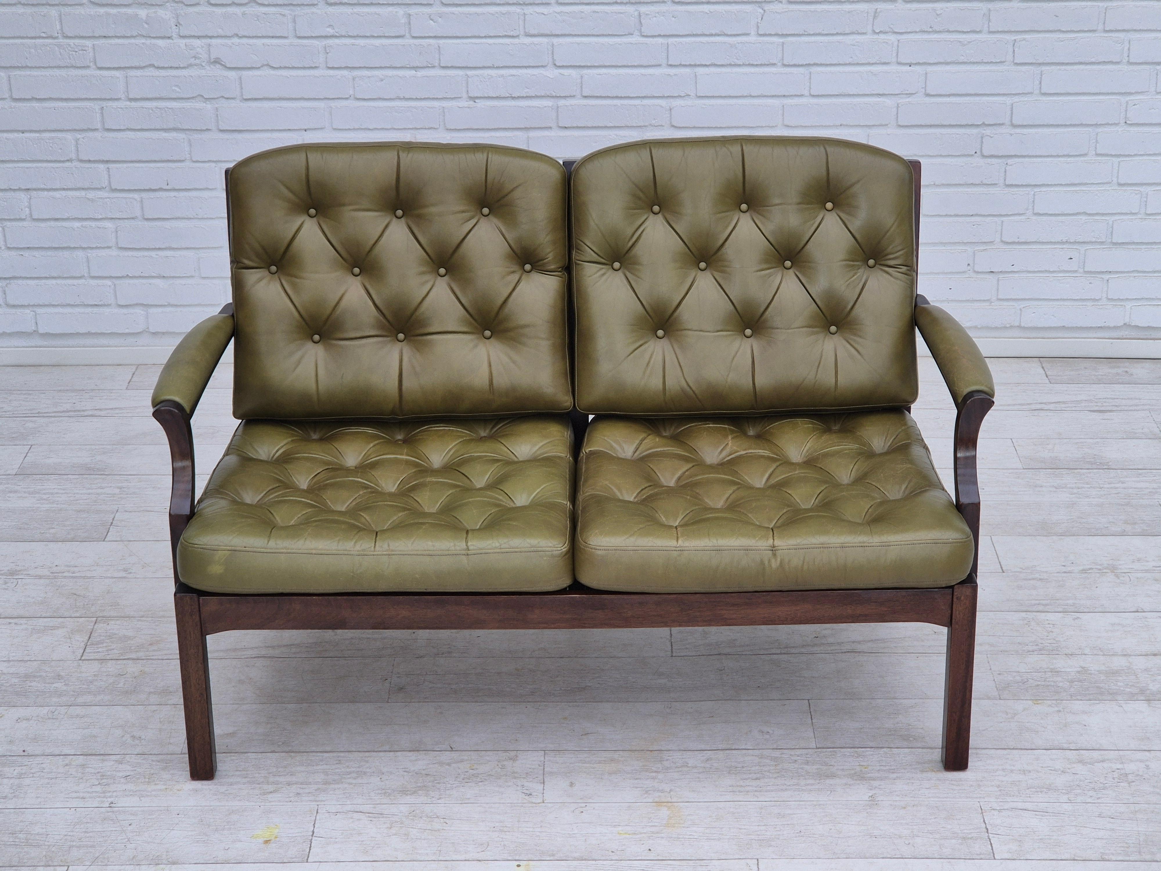 Scandinave moderne 1970, canapé scandinave à 2 places, état d'origine, meuble en cuir, teck. en vente