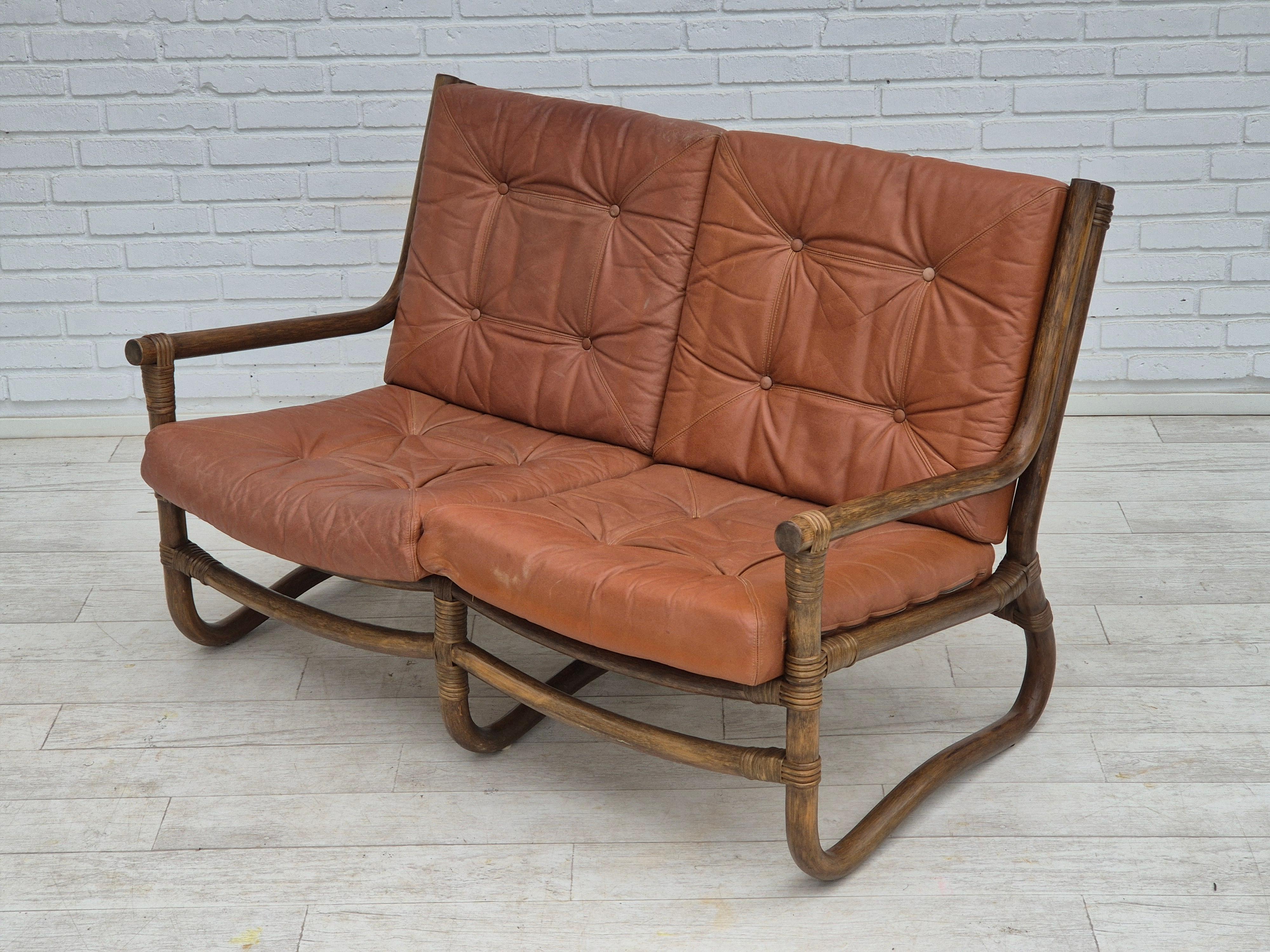 Anni '70, divano scandinavo a 2 posti, originale in ottime condizioni, bambù, pelle in vendita 8