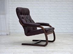 1970s, Scandinavian armchair, brown furniture leather, bent wood.